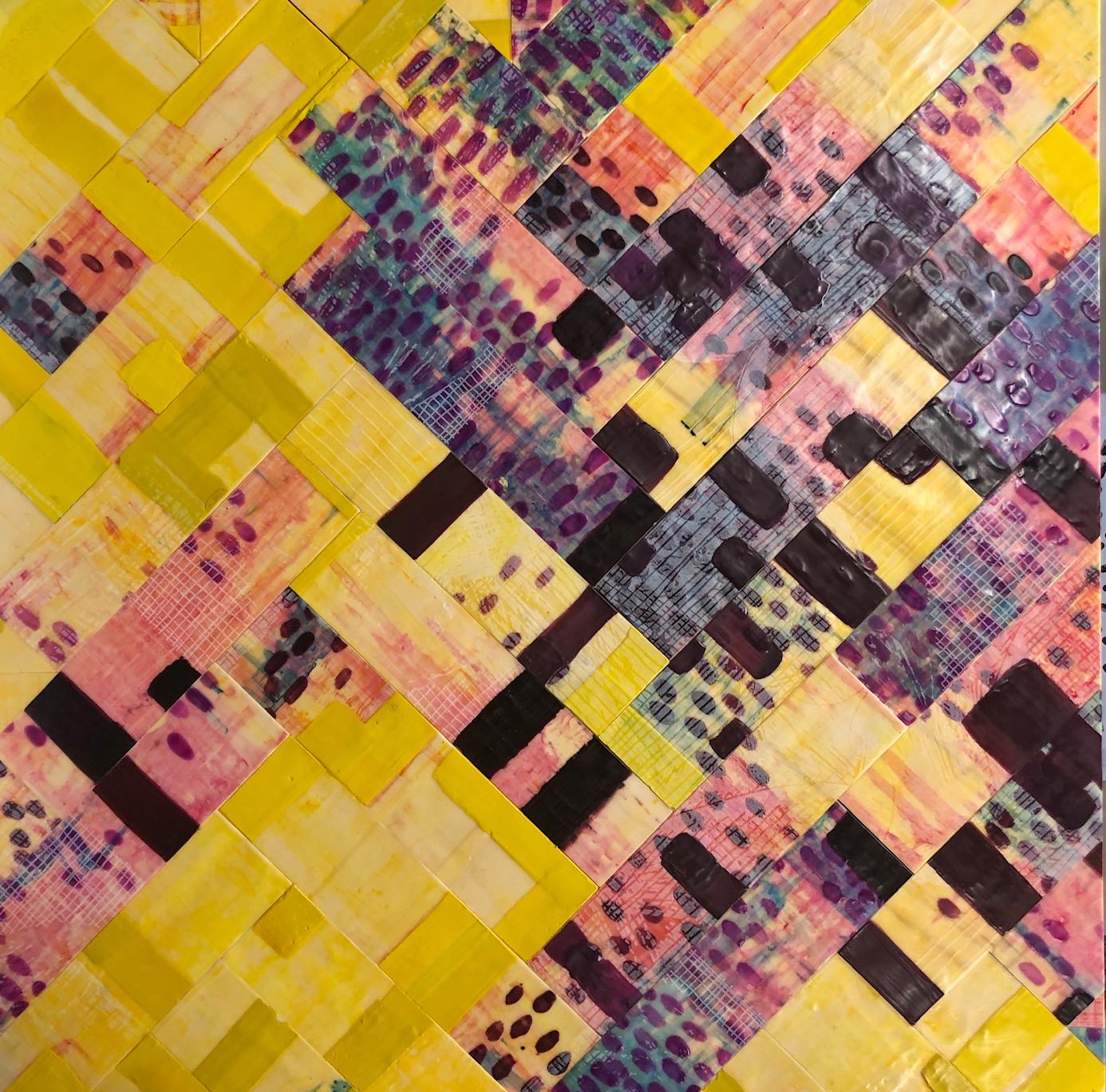 Amber George Abstract Painting - Wrap Up 1, yellow and purple abstract encaustic painting on panel, framed