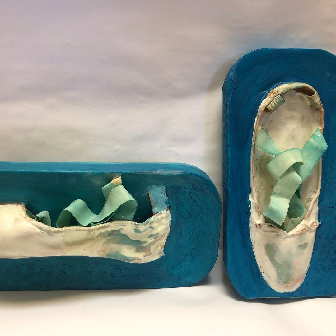 The Long Intermission, blue wax on ballet shoes, mixed media sculpture - Contemporary Mixed Media Art by Amber George