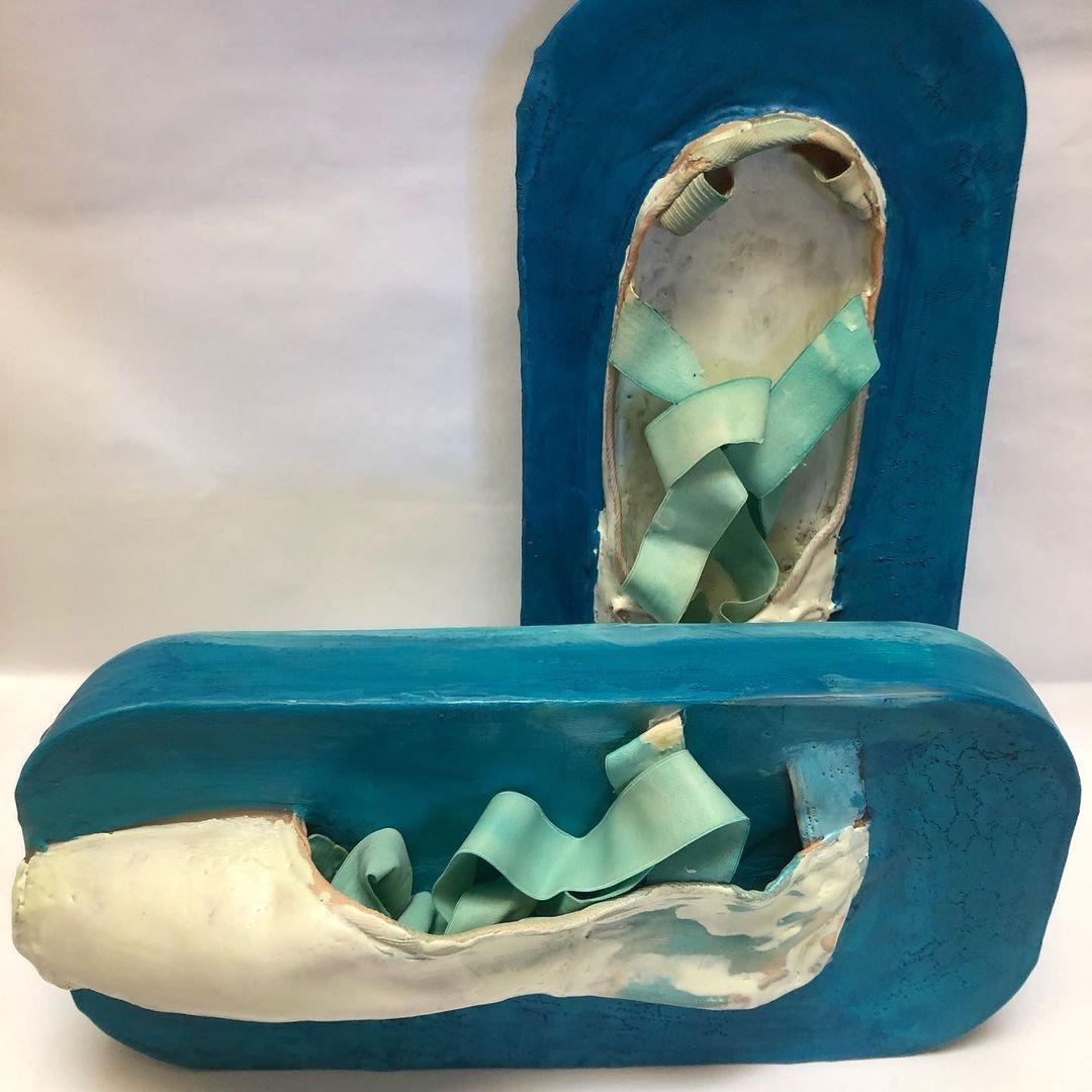 The Long Intermission, blue wax on ballet shoes, mixed media sculpture - Mixed Media Art by Amber George
