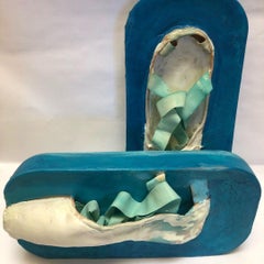 The Long Intermission, blue wax on ballet shoes, mixed media sculpture