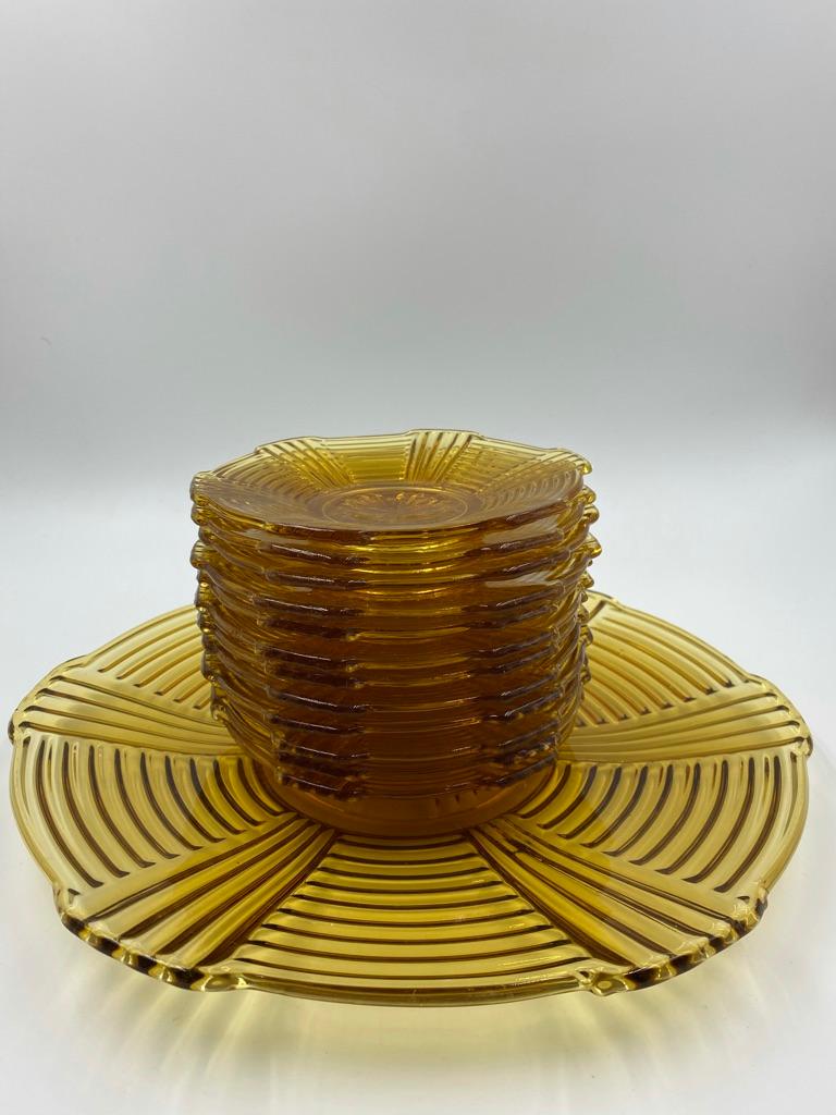 Mid-20th Century Amber Glass 1930s Cake Set/ Pastry Set/ Dessert Set For Sale