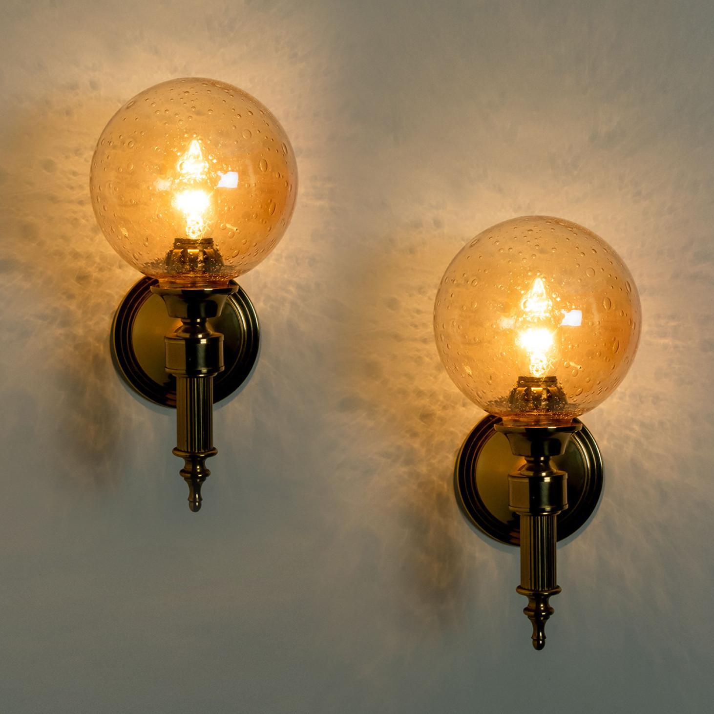 Amber Glass and Brass Wall Lamps in the Style of Glashütte Limburg, 1975 For Sale 3