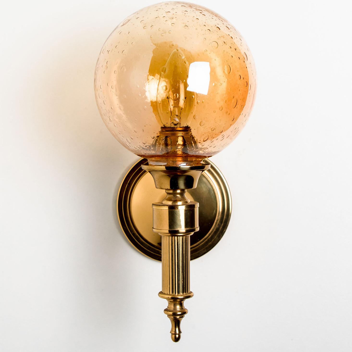 German Amber Glass and Brass Wall Lamps in the Style of Glashütte Limburg, 1975 For Sale