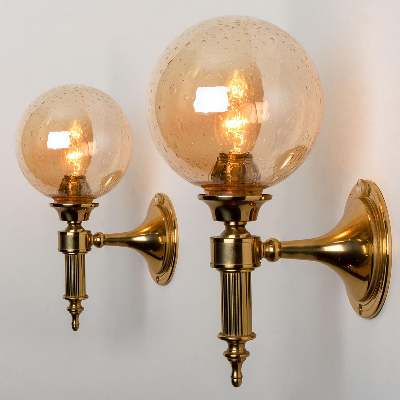 Amber Glass and Brass Wall Lamps in the Style of Glashütte Limburg, 1975 In Good Condition For Sale In Rijssen, NL