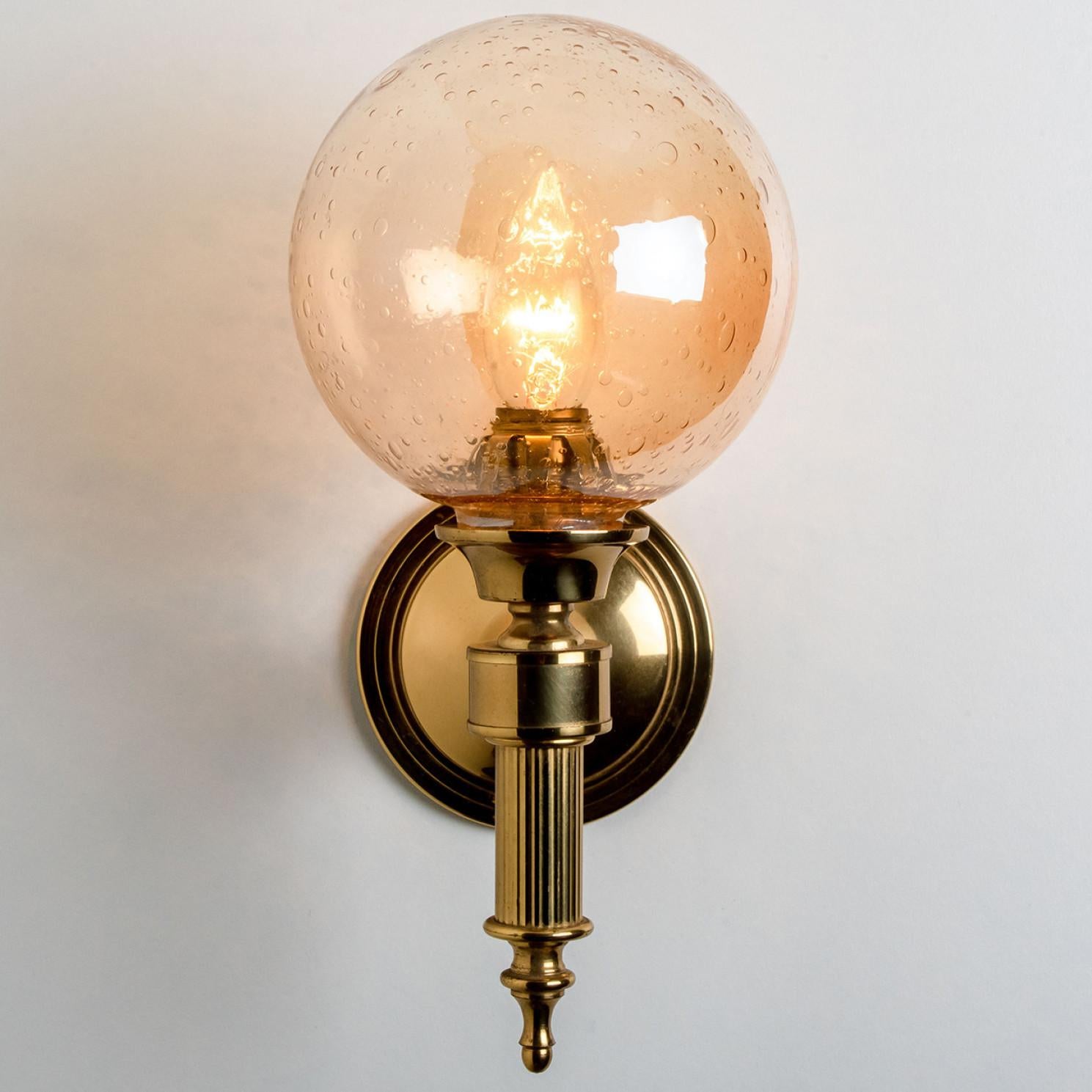 Late 20th Century Amber Glass and Brass Wall Lamps in the Style of Glashütte Limburg, 1975 For Sale