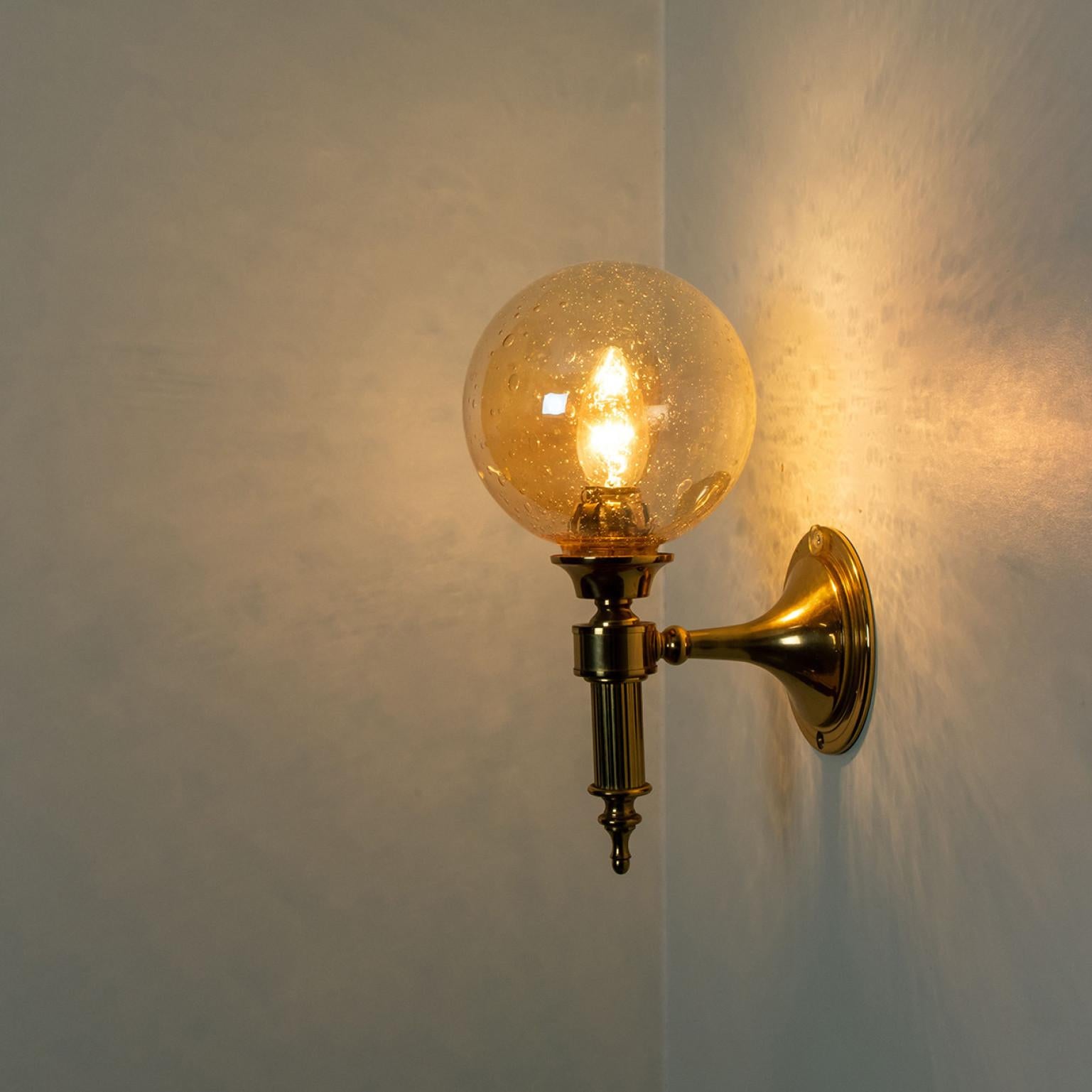Amber Glass and Brass Wall Lamps in the Style of Glashütte Limburg, 1975 For Sale 2