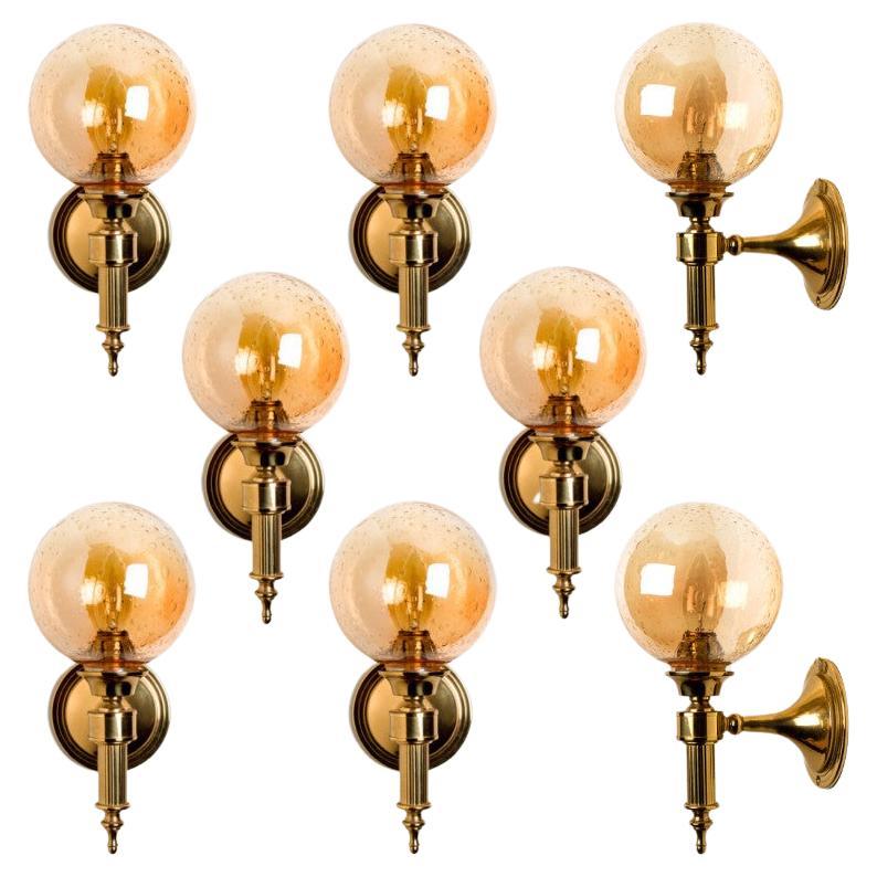 Amber Glass and Brass Wall Lamps in the Style of Glashütte Limburg, 1975 For Sale