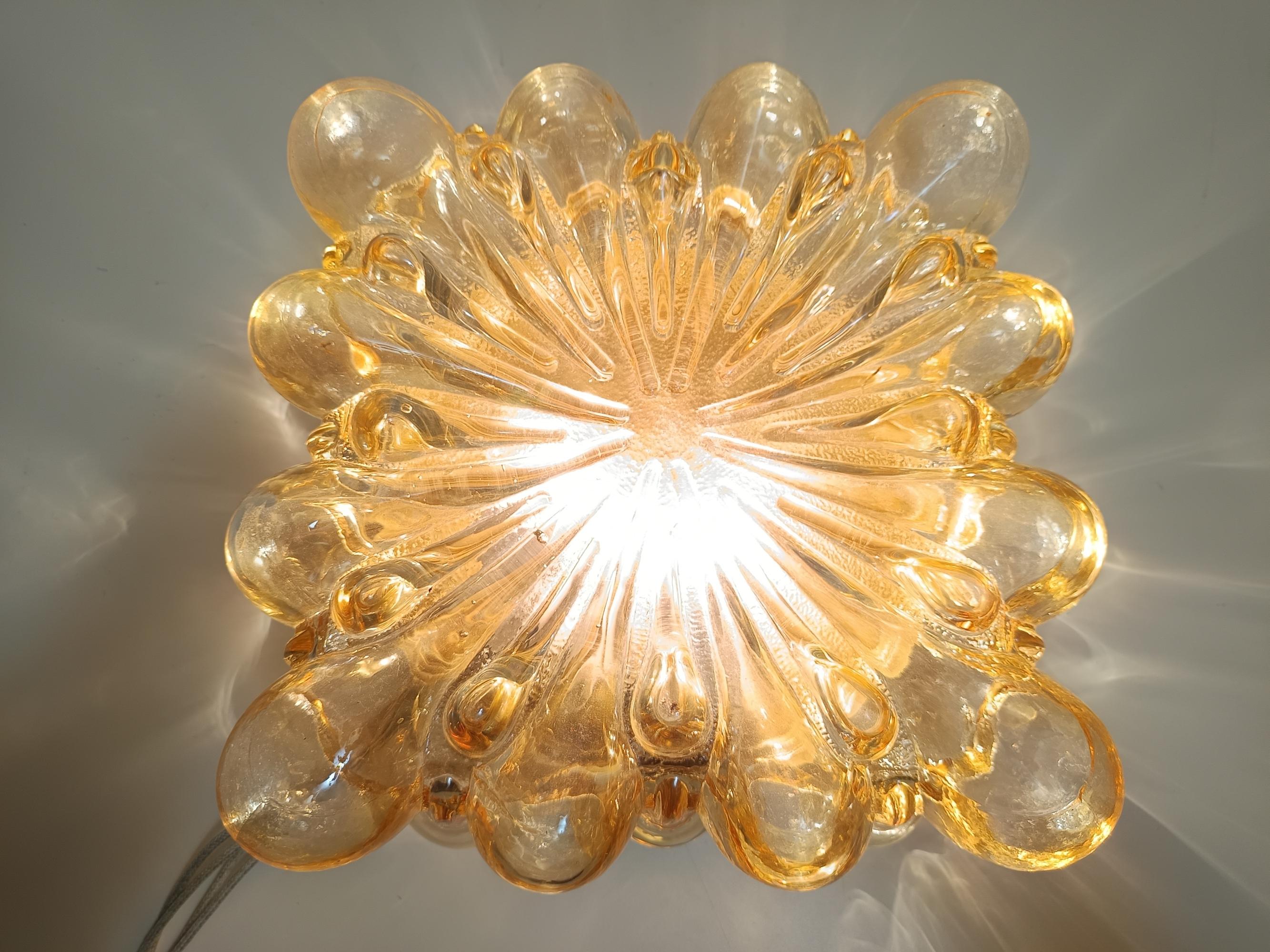 Post-Modern Amber Glass and Gold Varnished Metal Ceiling Light by Helena Tynell For Sale