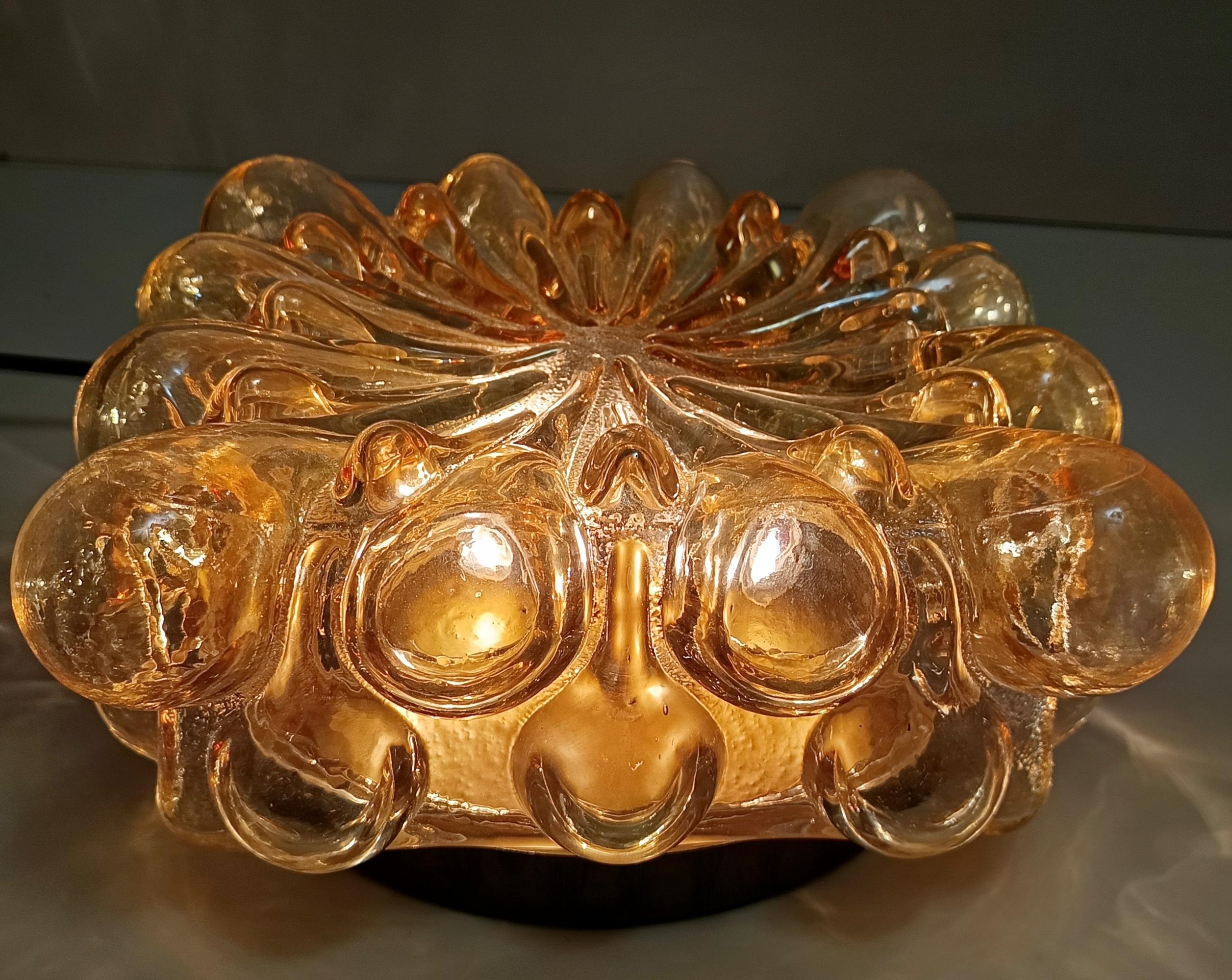 Amber Glass and Gold Varnished Metal Ceiling Light by Helena Tynell For Sale 1
