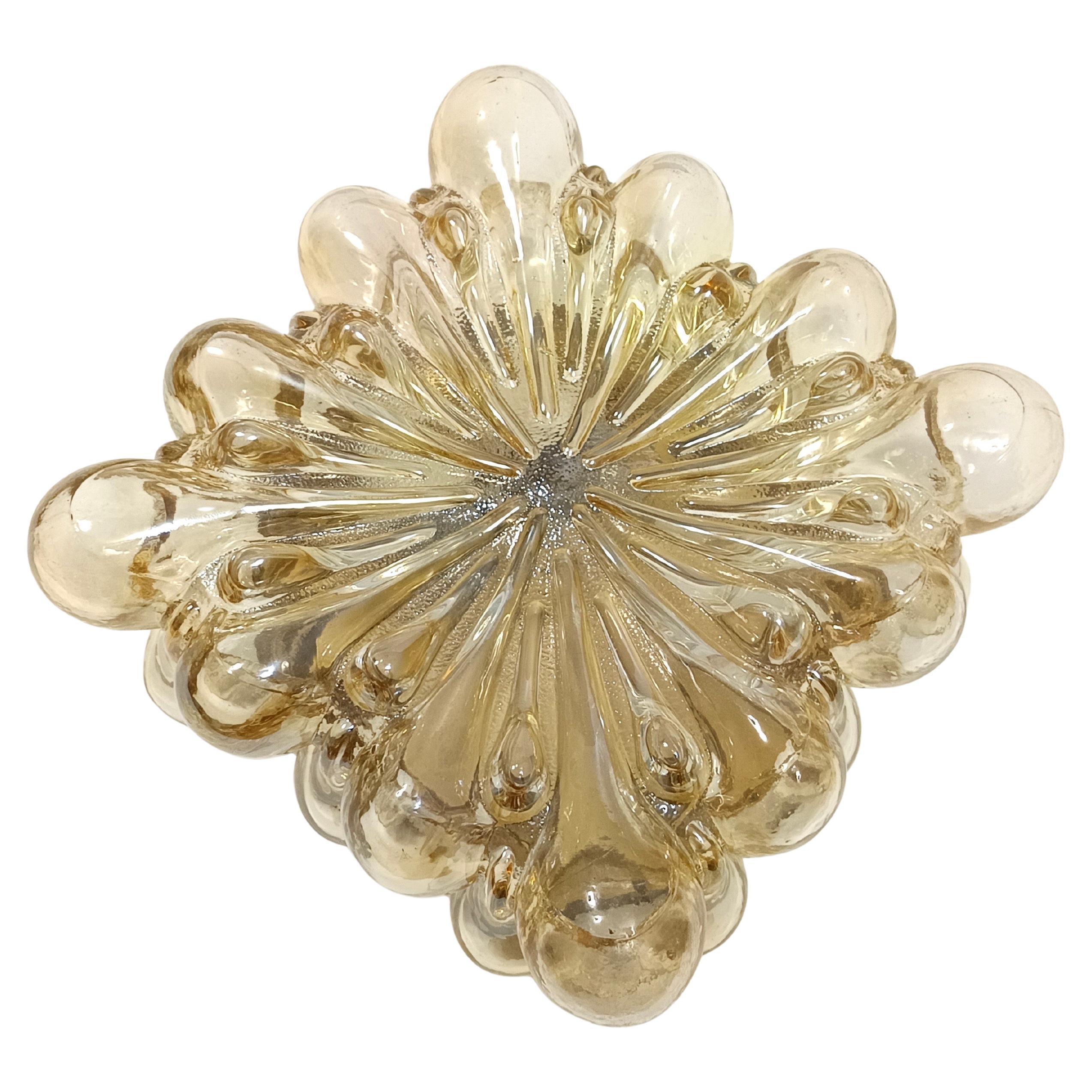 Amber Glass and Gold Varnished Metal Ceiling Light by Helena Tynell For Sale