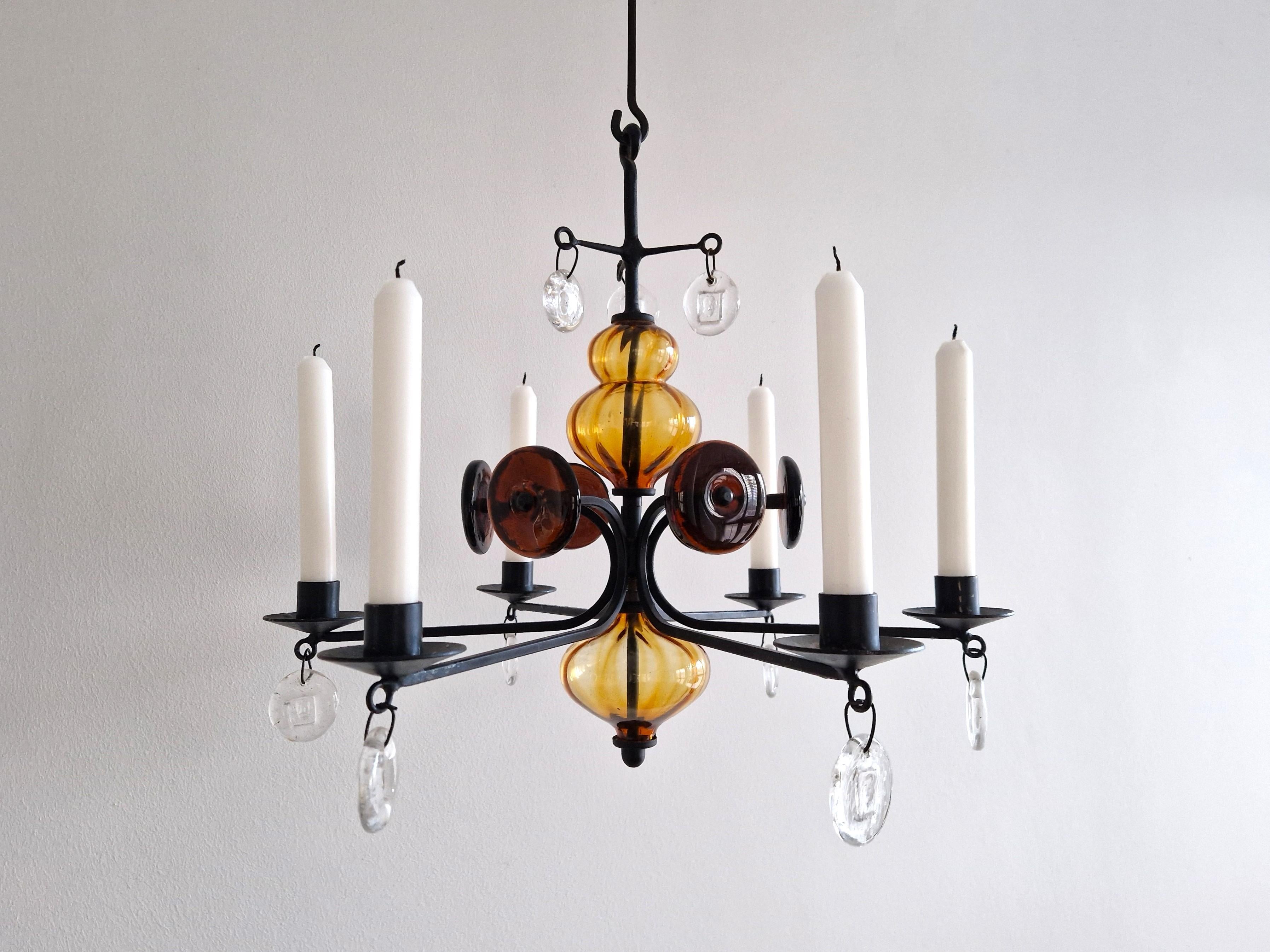 Mid-Century Modern Amber glass and wrought iron chandelier by Erik Höglund for Boda, Sweden
