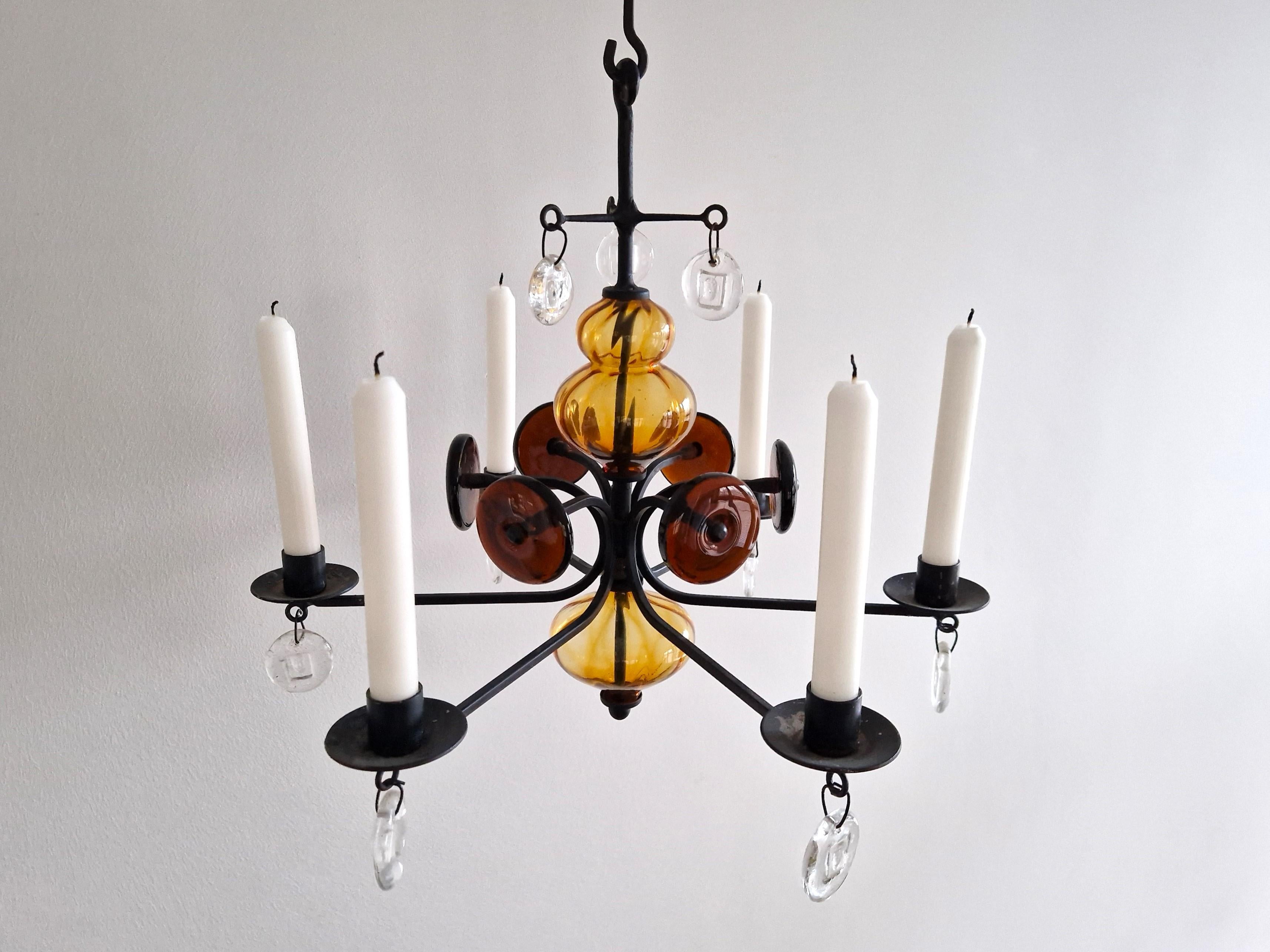 Swedish Amber glass and wrought iron chandelier by Erik Höglund for Boda, Sweden