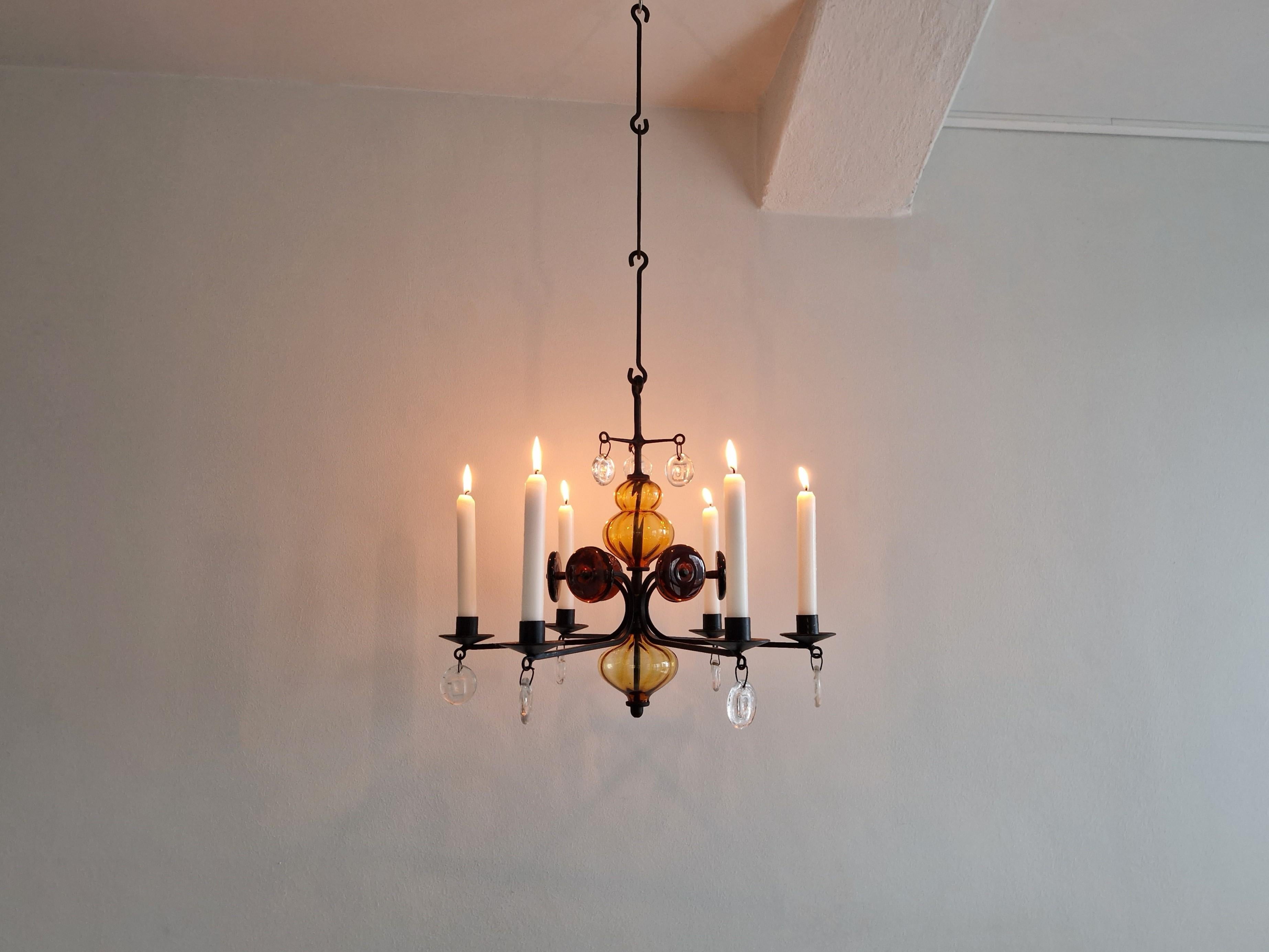 Amber glass and wrought iron chandelier by Erik Höglund for Boda, Sweden In Good Condition In Steenwijk, NL