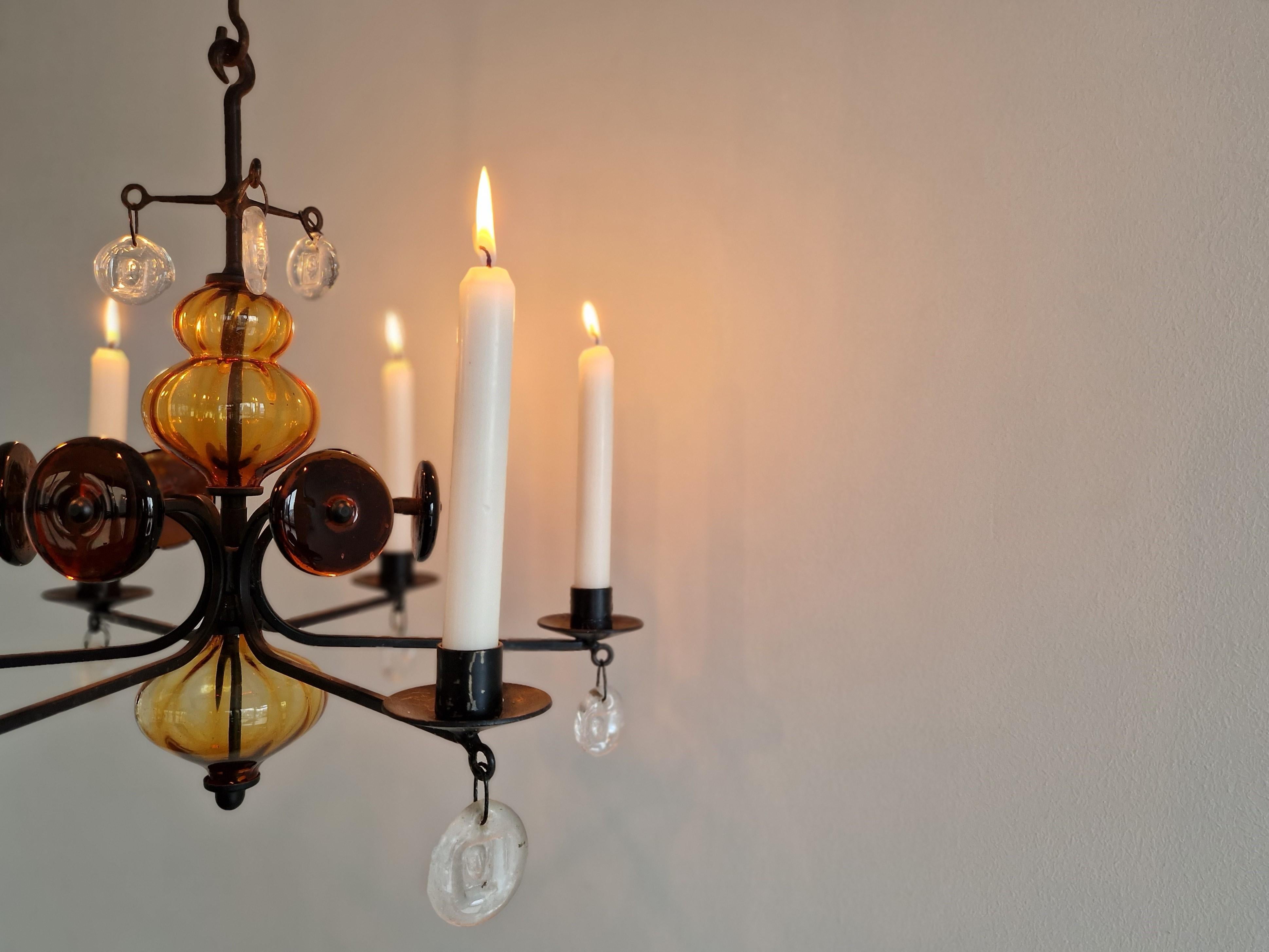 Mid-20th Century Amber glass and wrought iron chandelier by Erik Höglund for Boda, Sweden