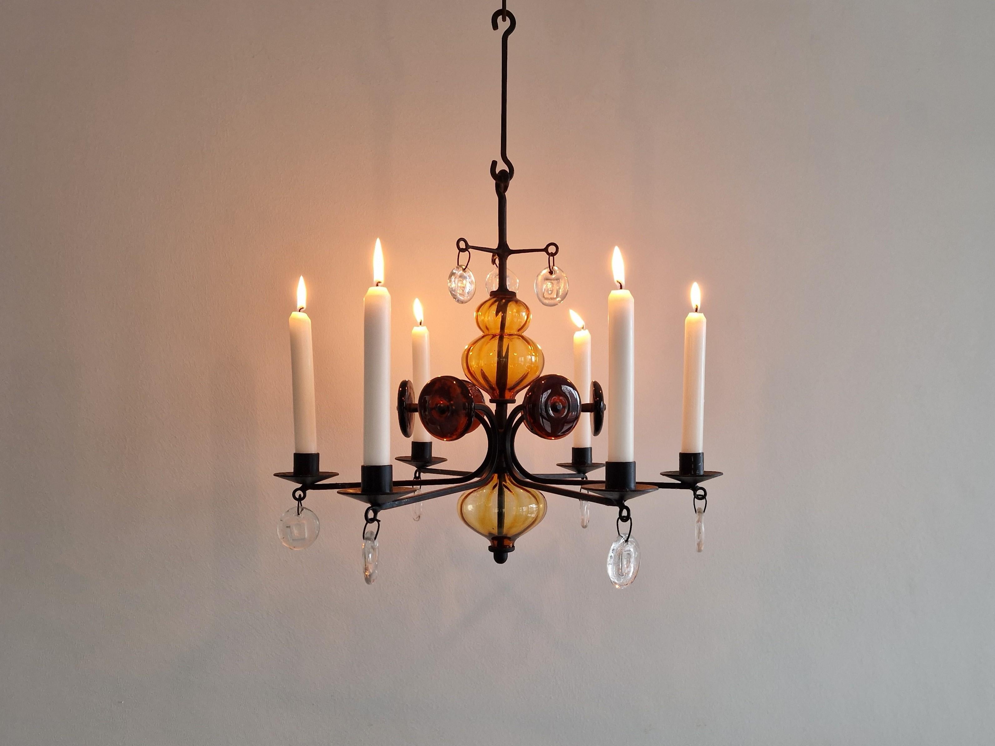 Glass Amber glass and wrought iron chandelier by Erik Höglund for Boda, Sweden