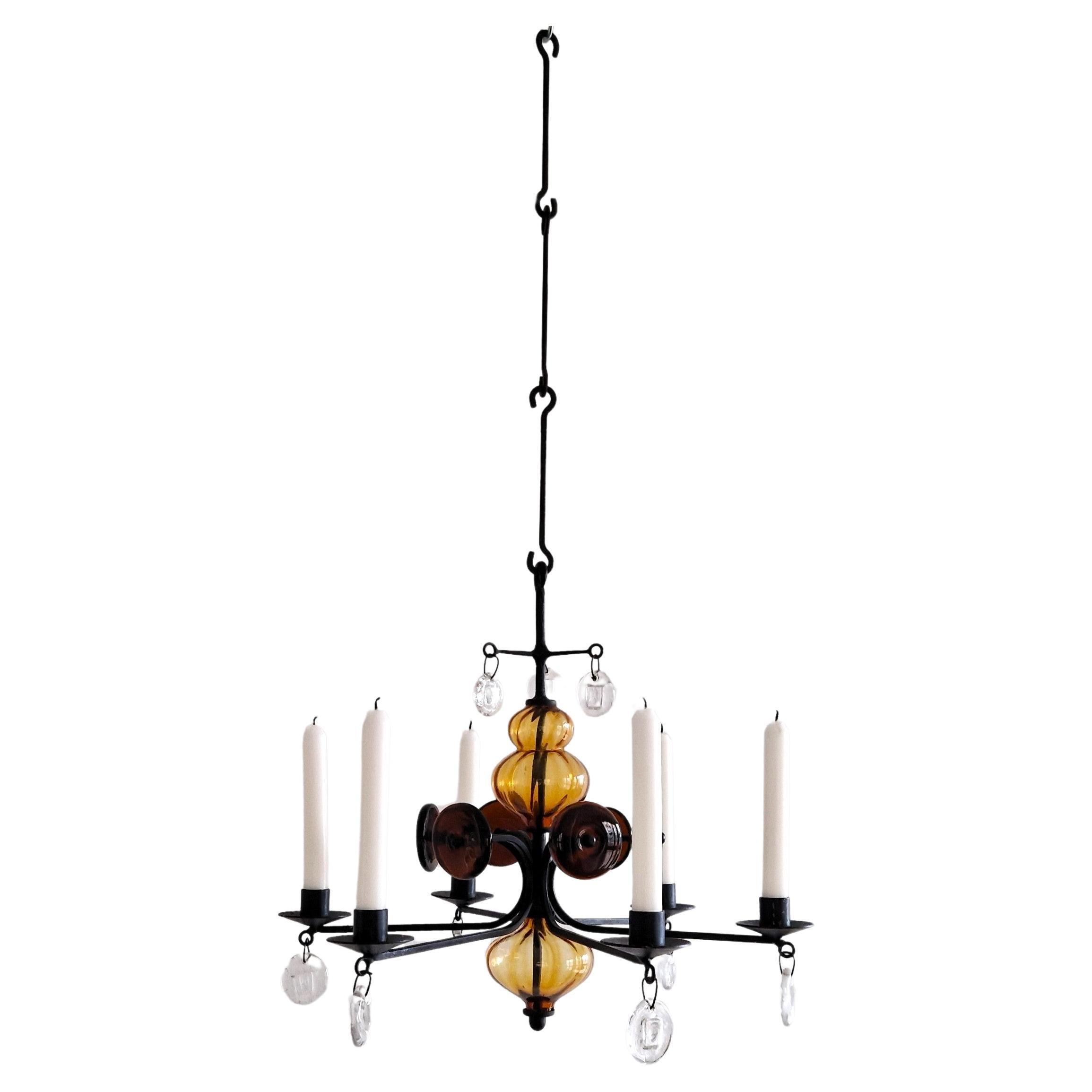 Amber glass and wrought iron chandelier by Erik Höglund for Boda, Sweden