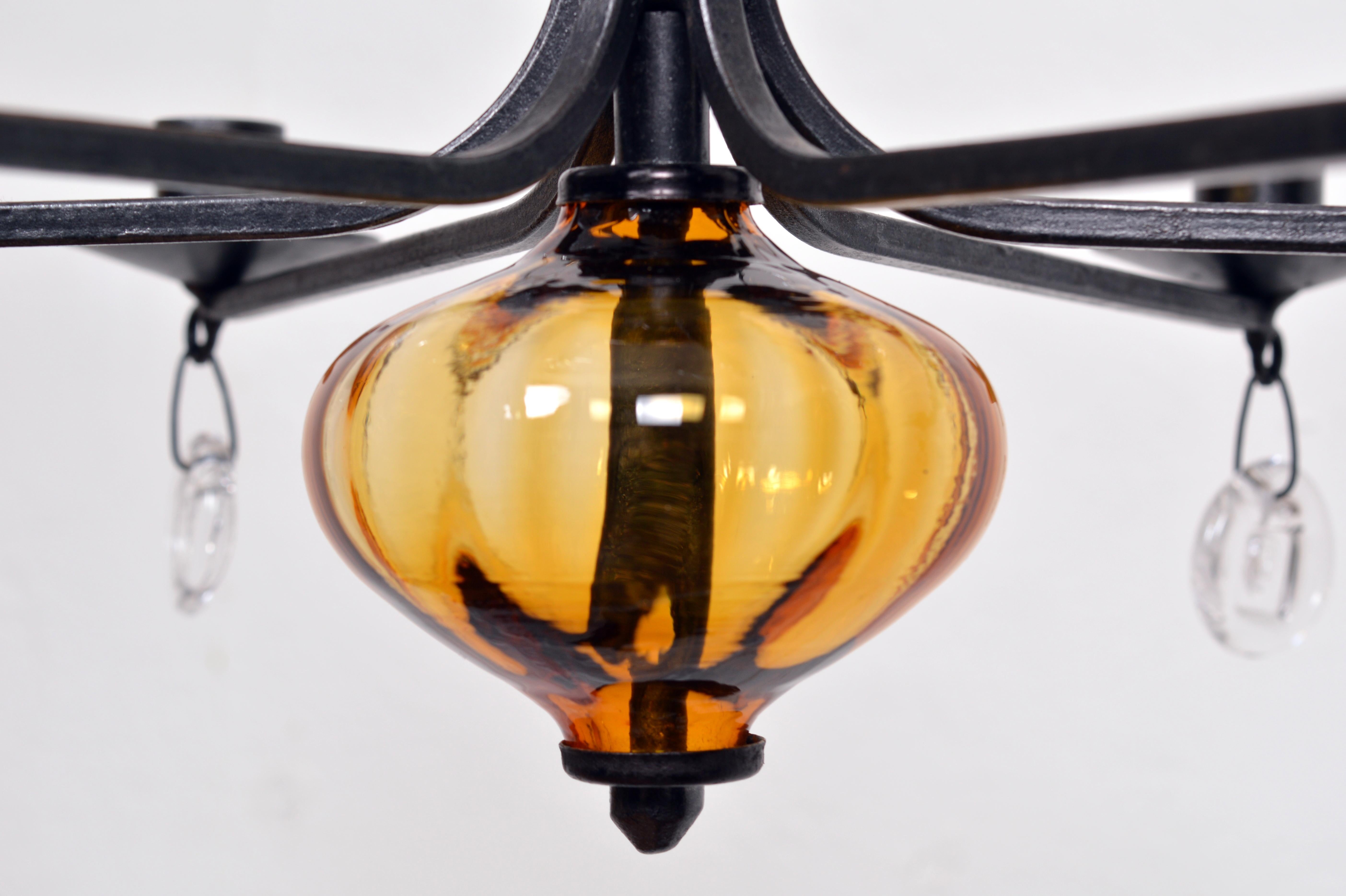 Scandinavian Modern Amber Glass and Wrought Iron Chandelier Candelabra by Erik Höglund Sweden