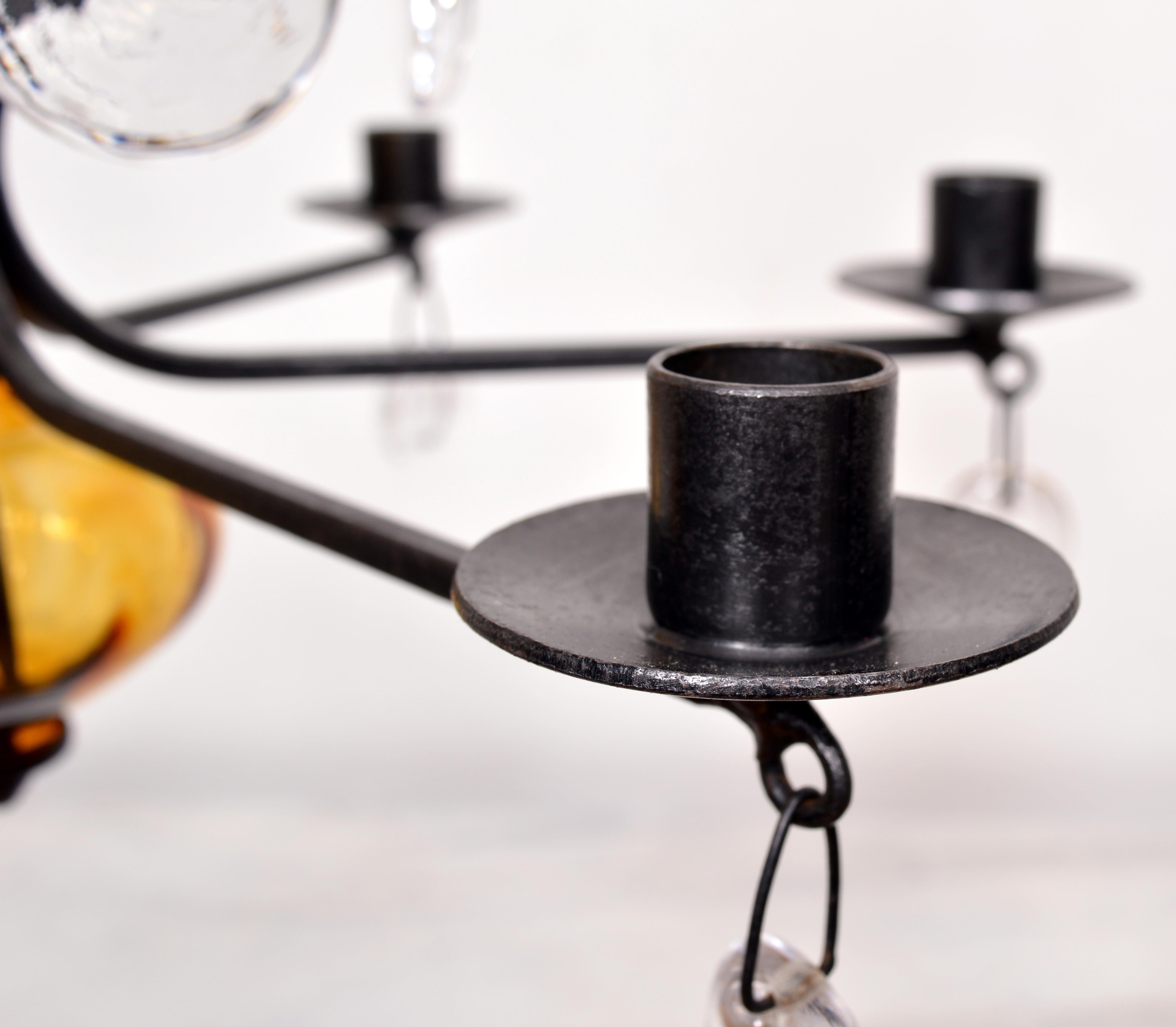Swedish Amber Glass and Wrought Iron Chandelier Candelabra by Erik Höglund Sweden