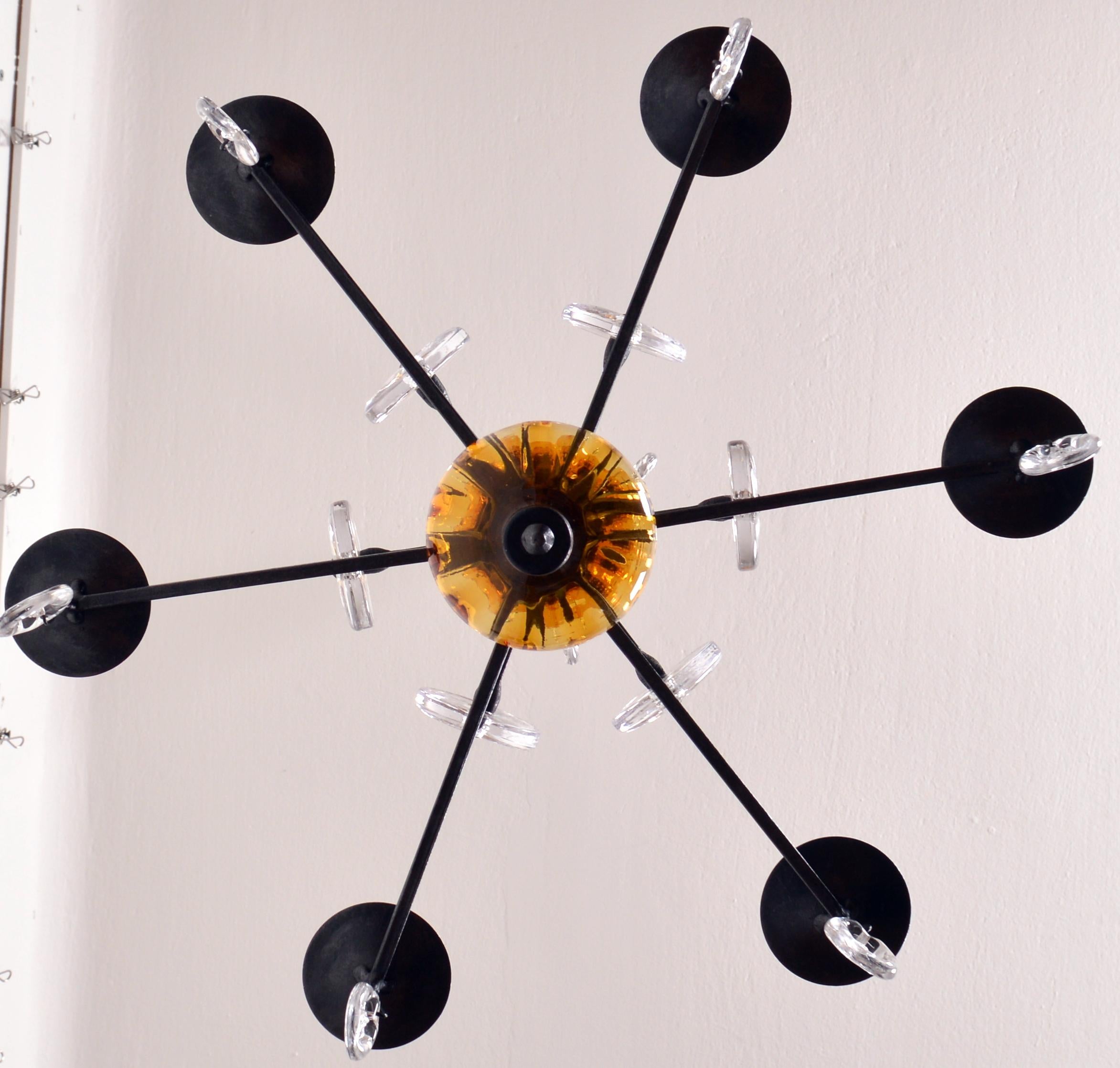 Mid-20th Century Amber Glass and Wrought Iron Chandelier Candelabra by Erik Höglund Sweden