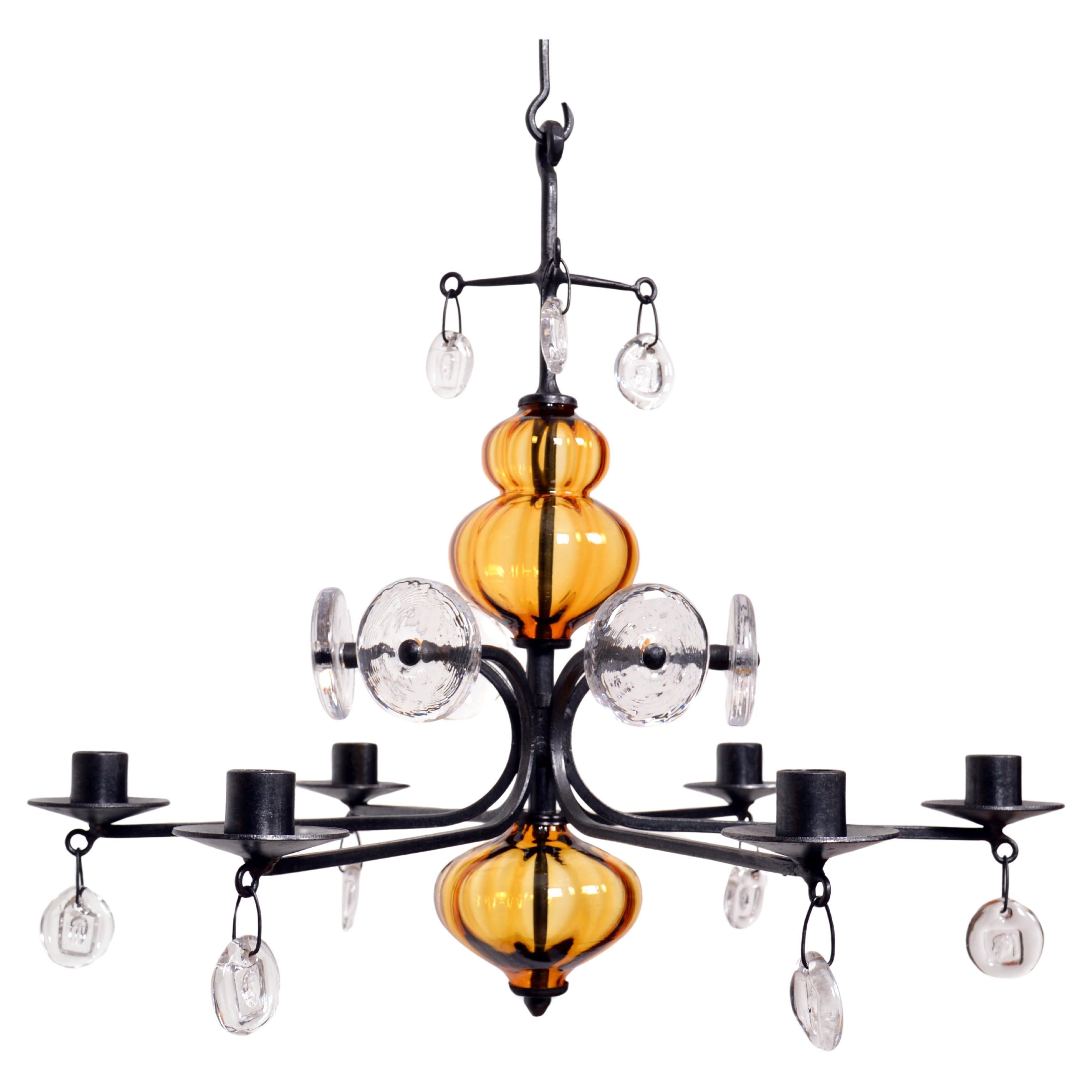 Amber Glass and Wrought Iron Chandelier Candelabra by Erik Höglund Sweden For Sale