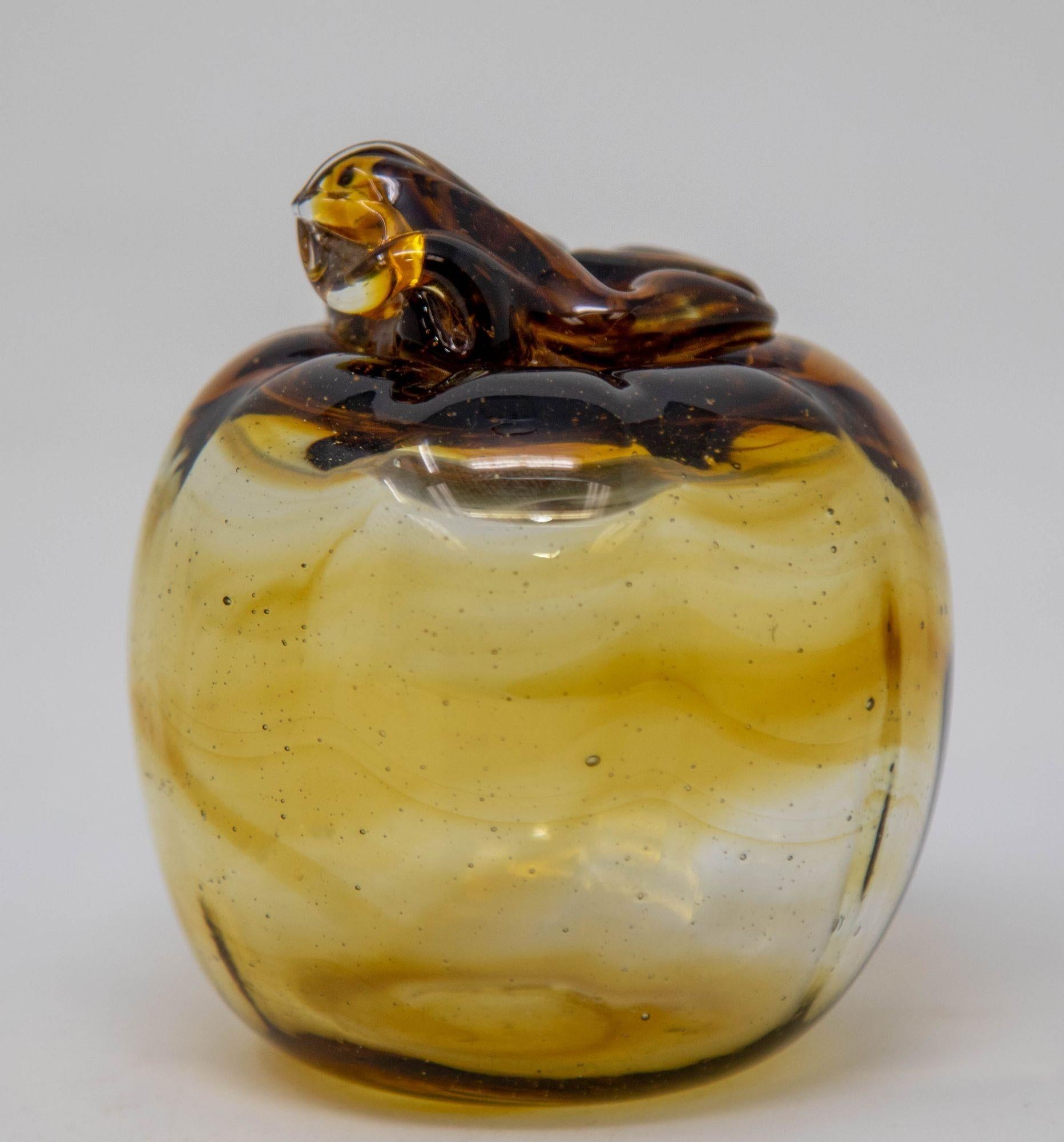 Amber Glass Apple Murano Blown Art Glass Paperweight Sculpture For Sale 2