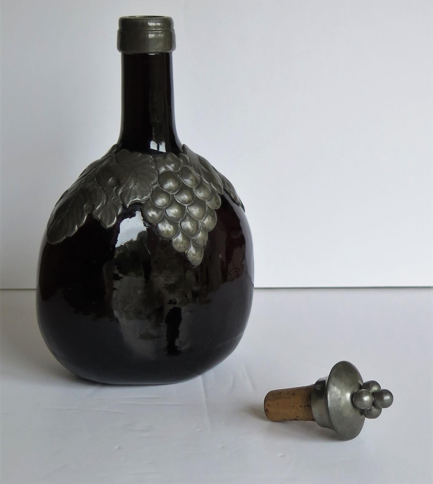 Amber Glass Bottle Decanter with Pewter Grape and Leaf Collar, Danish 4