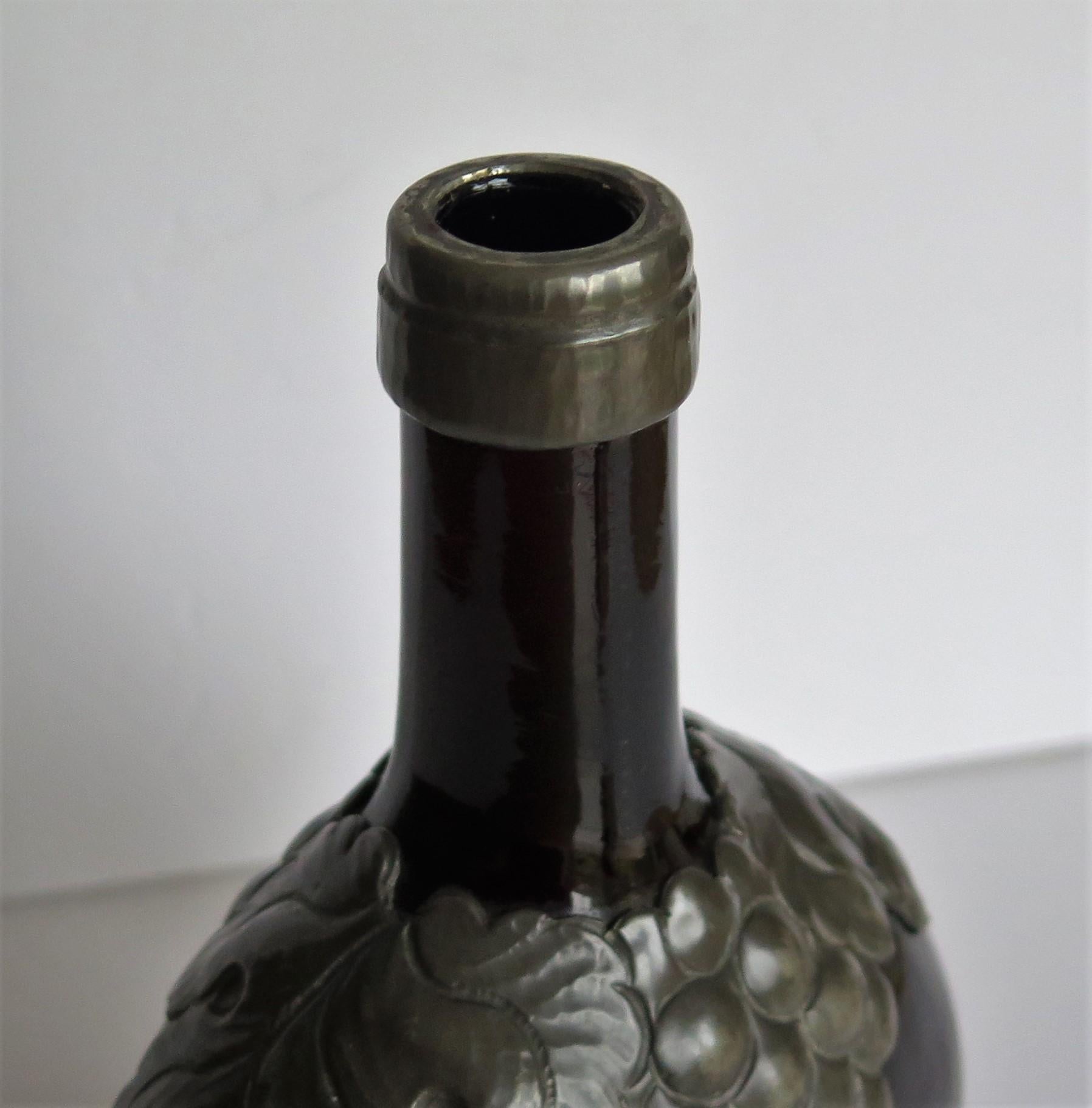 Amber Glass Bottle Decanter with Pewter Grape and Leaf Collar, Danish 6