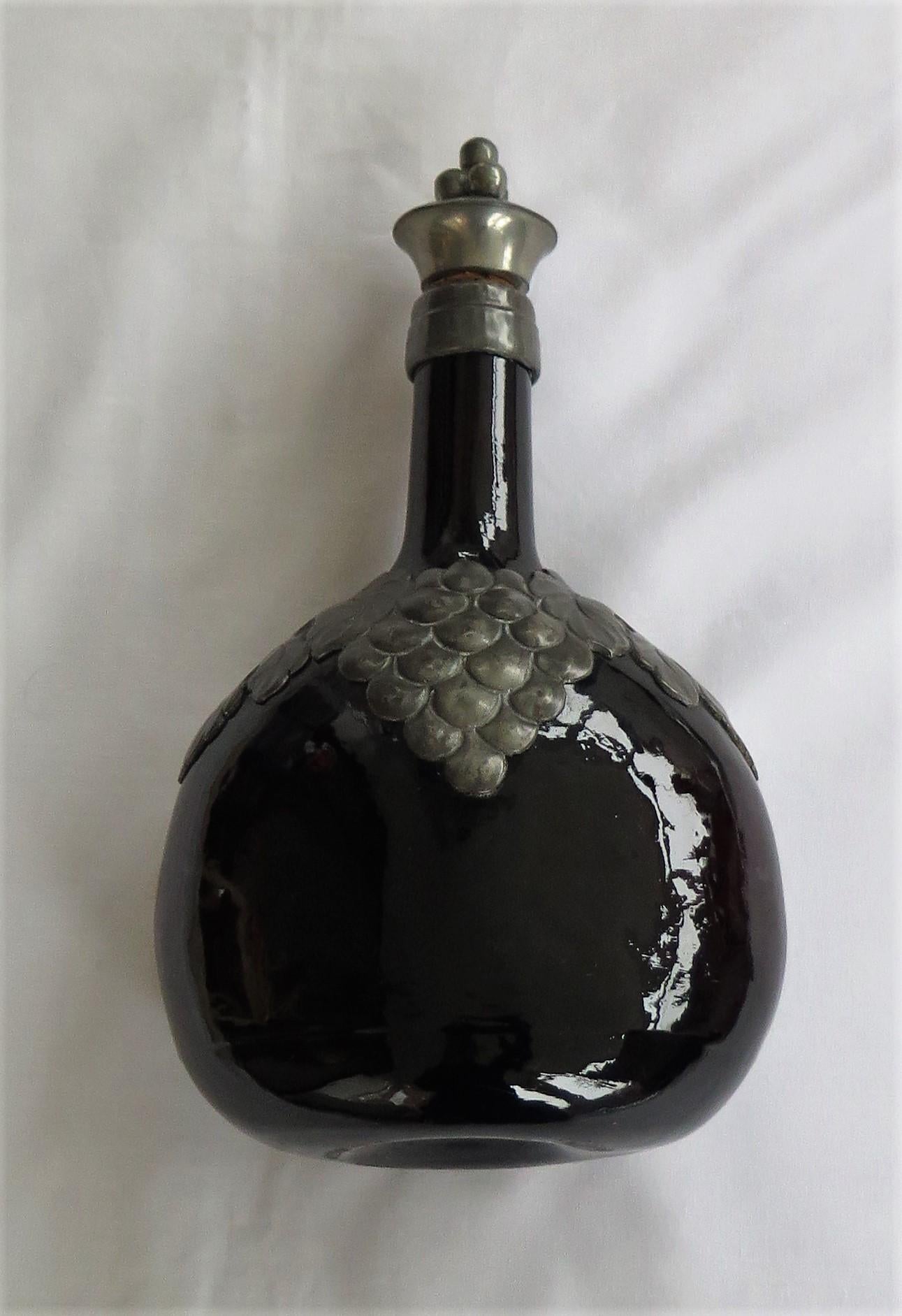 Amber Glass Bottle Decanter with Pewter Grape and Leaf Collar, Danish 11