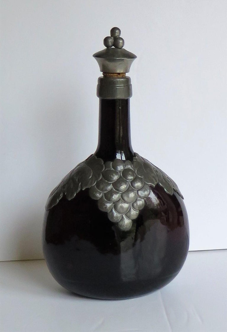 Amber Glass Bottle Decanter with Pewter Grape and Leaf Collar, Danish