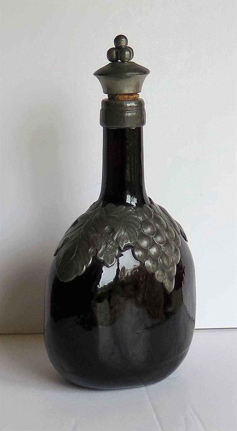 Hammered Amber Glass Bottle Decanter with Pewter Grape and Leaf Collar, Danish