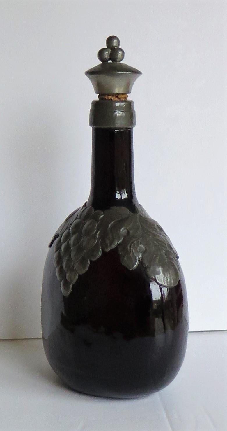 Amber Glass Bottle Decanter with Pewter Grape and Leaf Collar, Danish In Good Condition In Lincoln, Lincolnshire