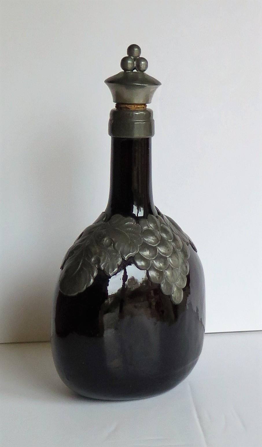19th Century Amber Glass Bottle Decanter with Pewter Grape and Leaf Collar, Danish