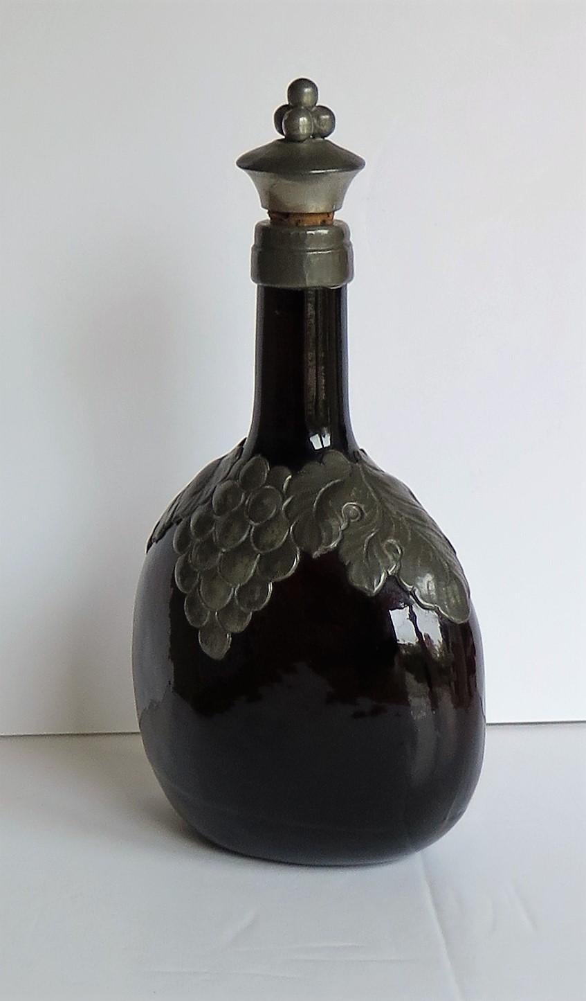 Amber Glass Bottle Decanter with Pewter Grape and Leaf Collar, Danish 1