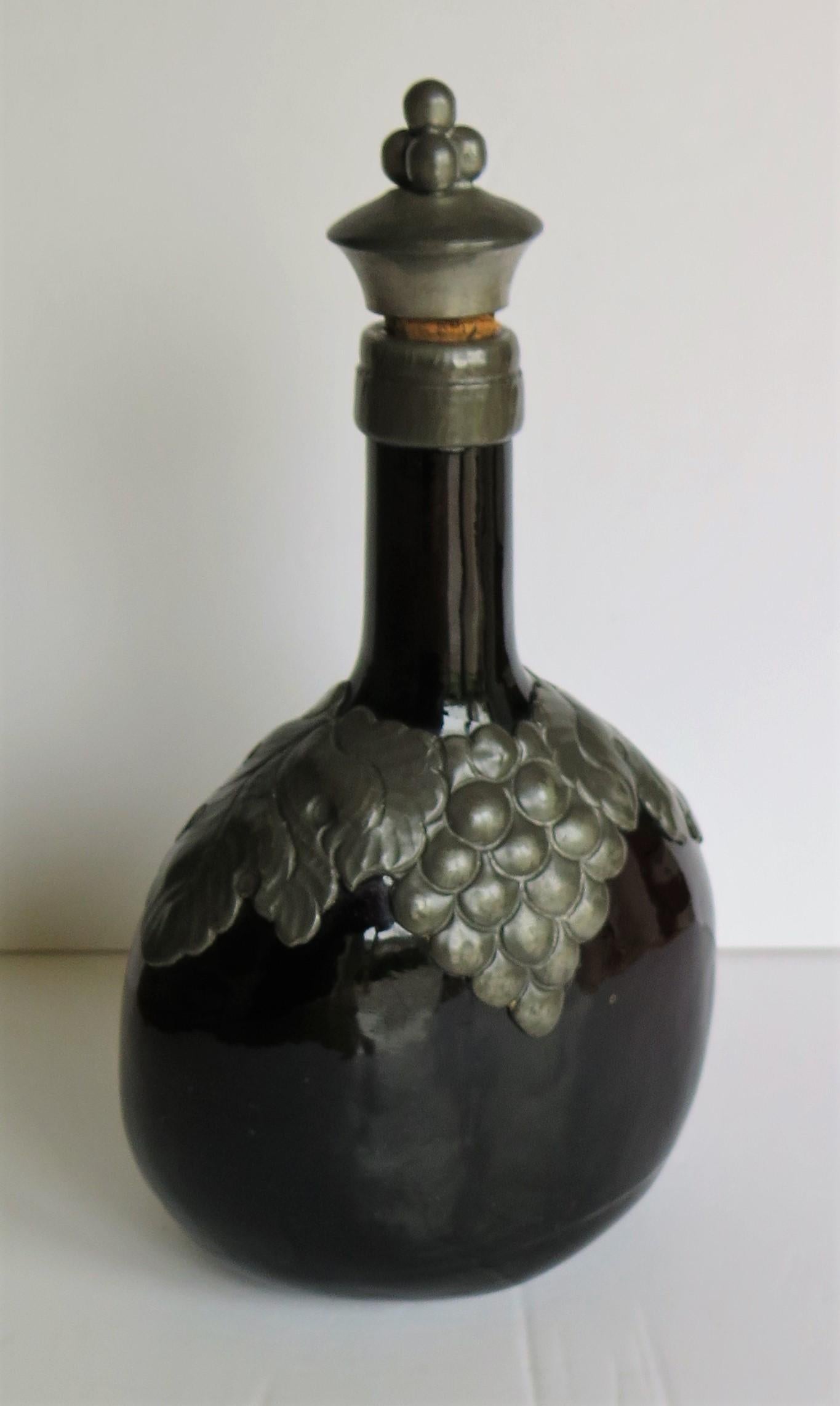Amber Glass Bottle Decanter with Pewter Grape and Leaf Collar, Danish 2
