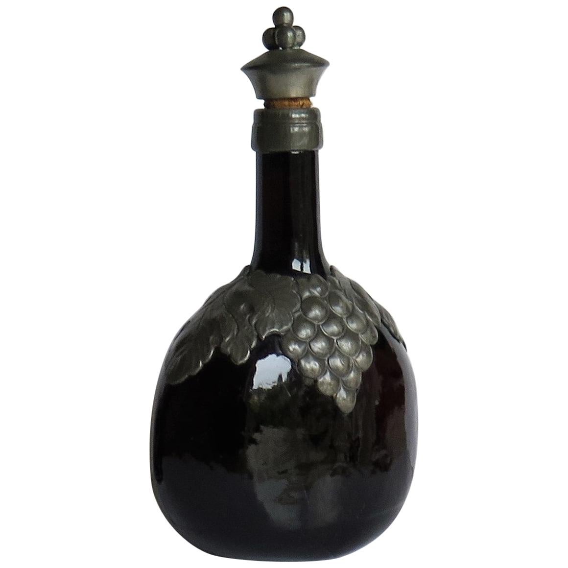 Amber Glass Bottle Decanter with Pewter Grape and Leaf Collar, Danish