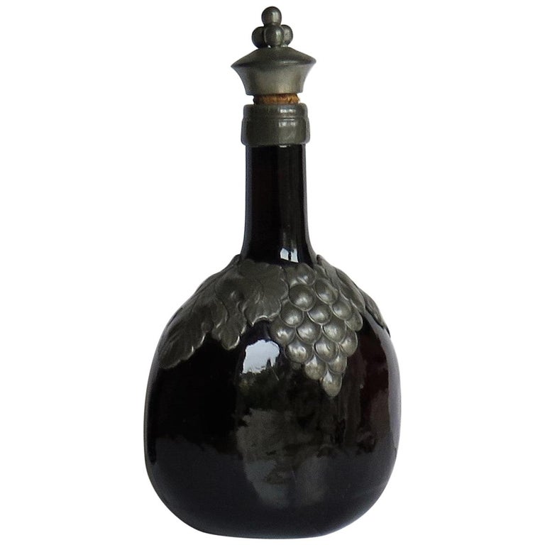 Amber Glass Bottle Decanter with Pewter Grape and Leaf Collar, Danish at 1stDibs