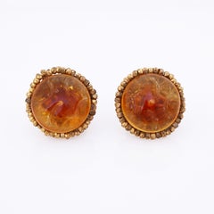 Amber Glass Cabochon Earrings With Faceted Gold Bead Halo By Miriam Haskell