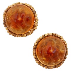 Amber Glass Cabochon Earrings With Faceted Gold Bead Halo By Miriam Haskell