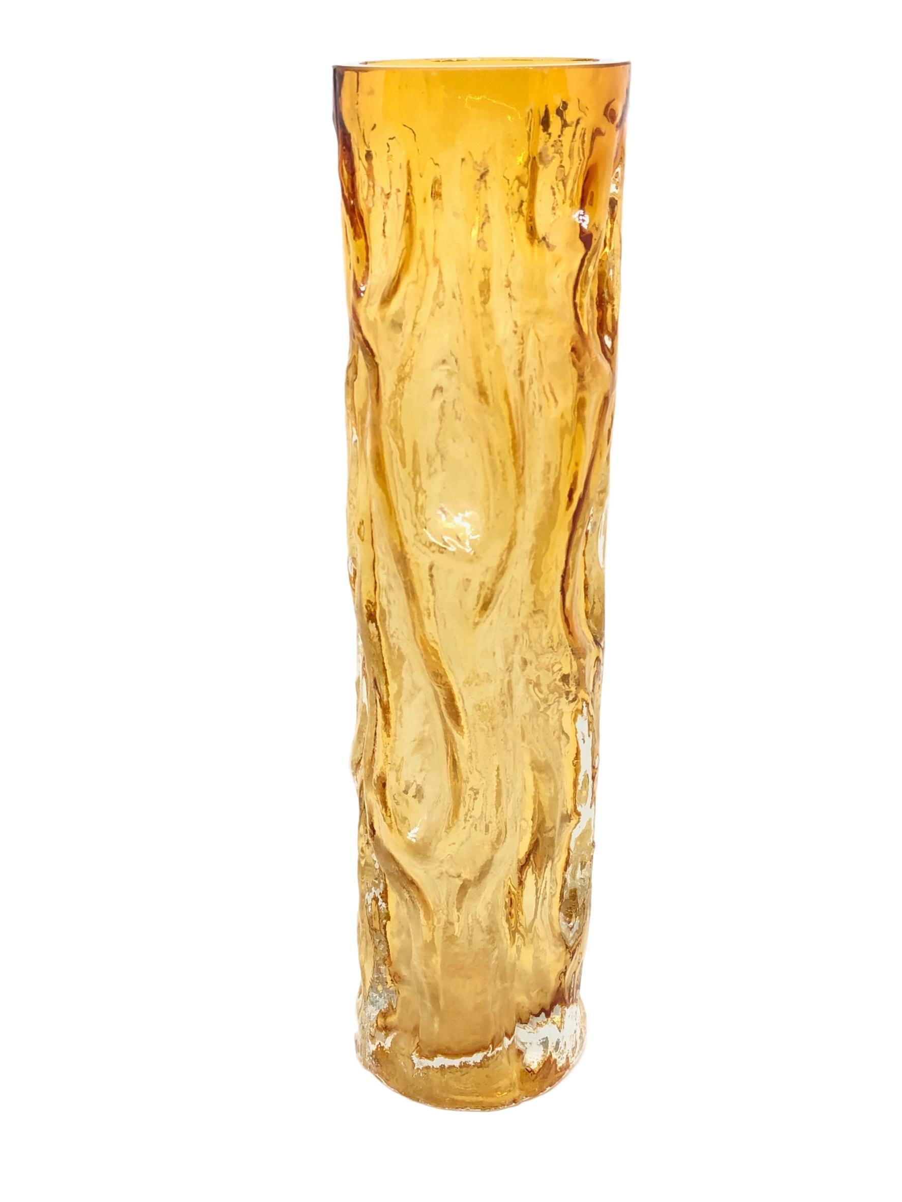 Mid-Century Modern Amber Glass Cylinder Vase Wave Pattern by Ingrid Glass, Germany, 1970s