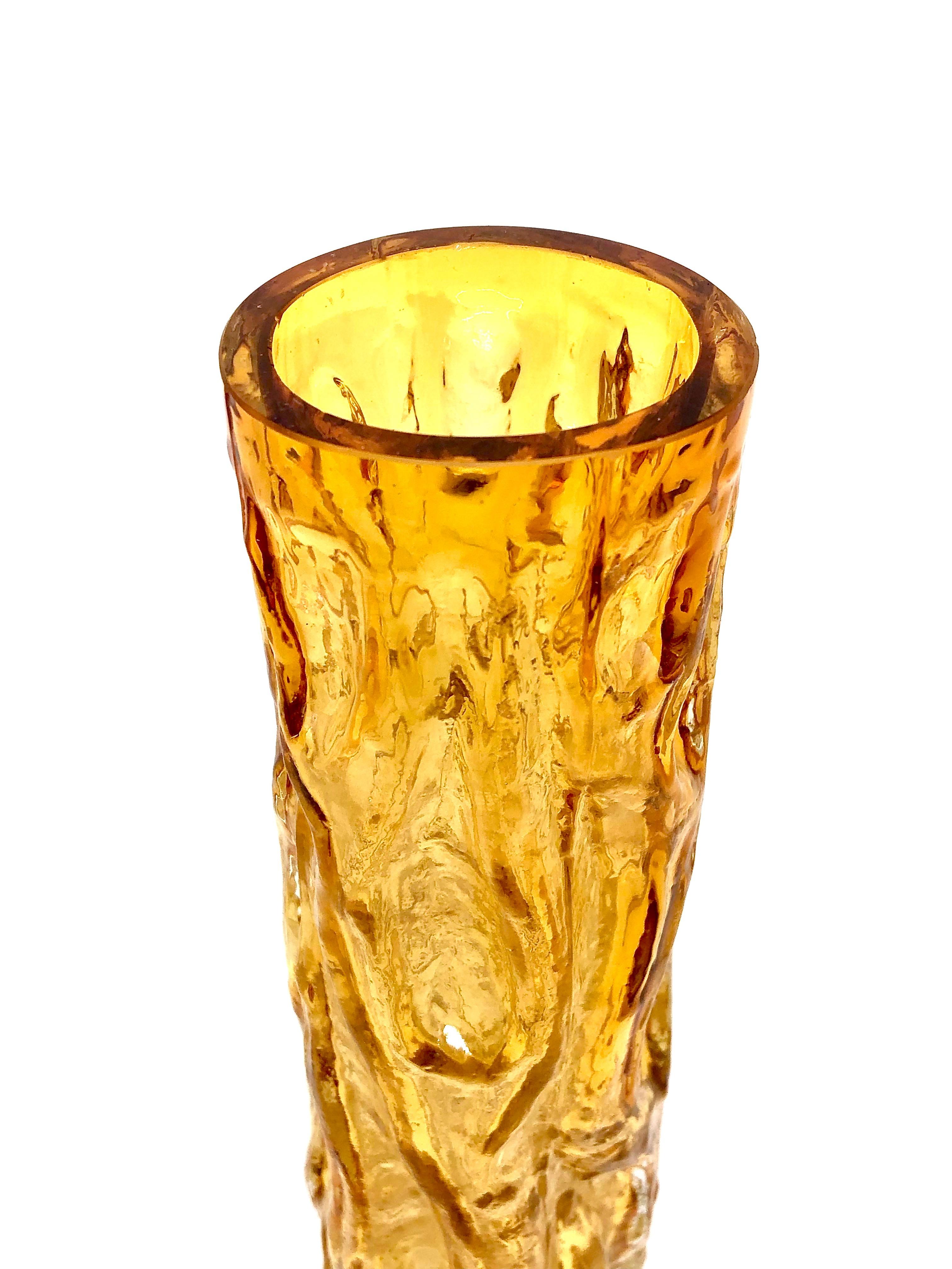 Hand-Crafted Amber Glass Cylinder Vase Wave Pattern by Ingrid Glass, Germany, 1970s
