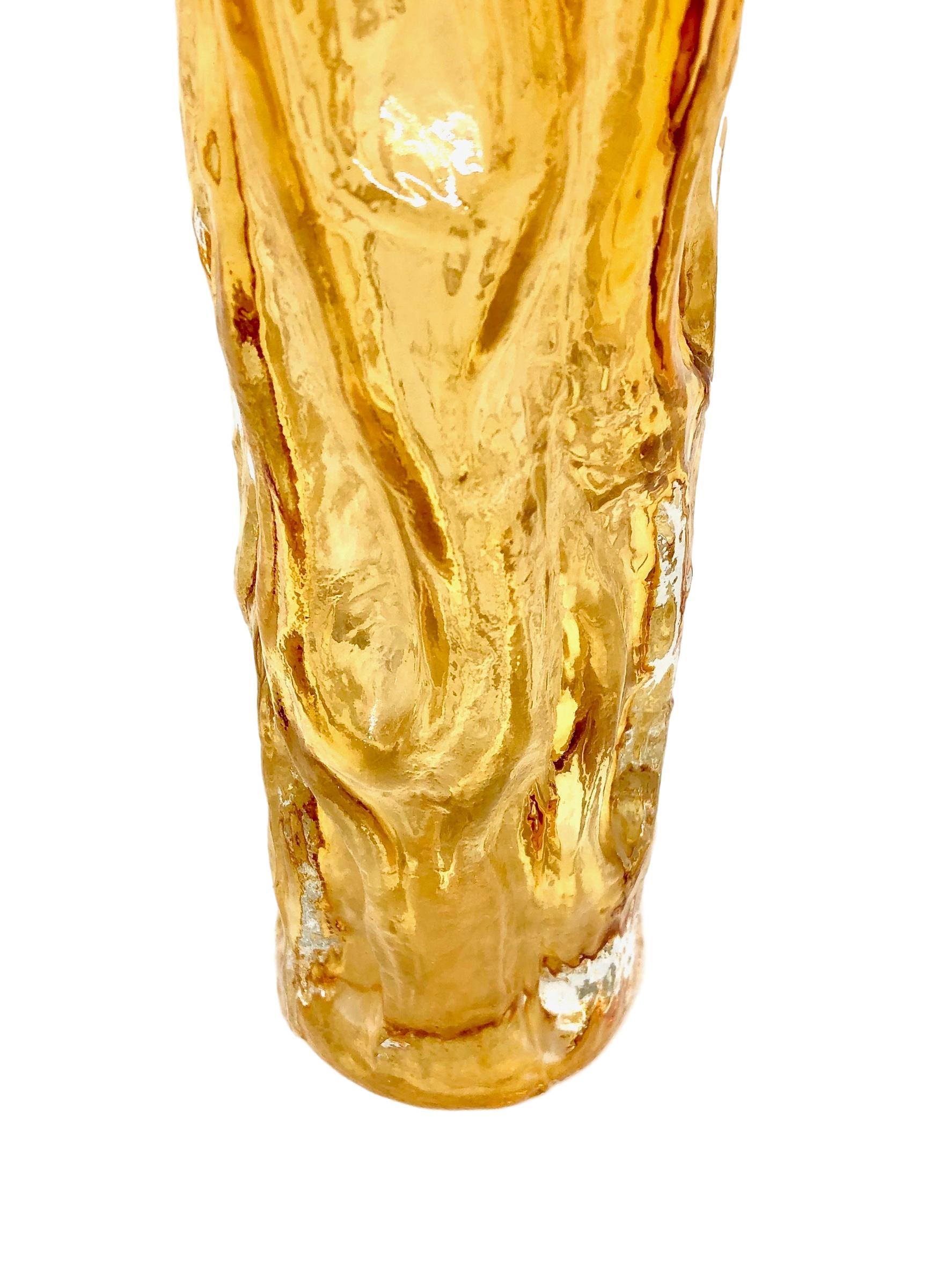 Amber Glass Cylinder Vase Wave Pattern by Ingrid Glass, Germany, 1970s In Good Condition In Nuernberg, DE