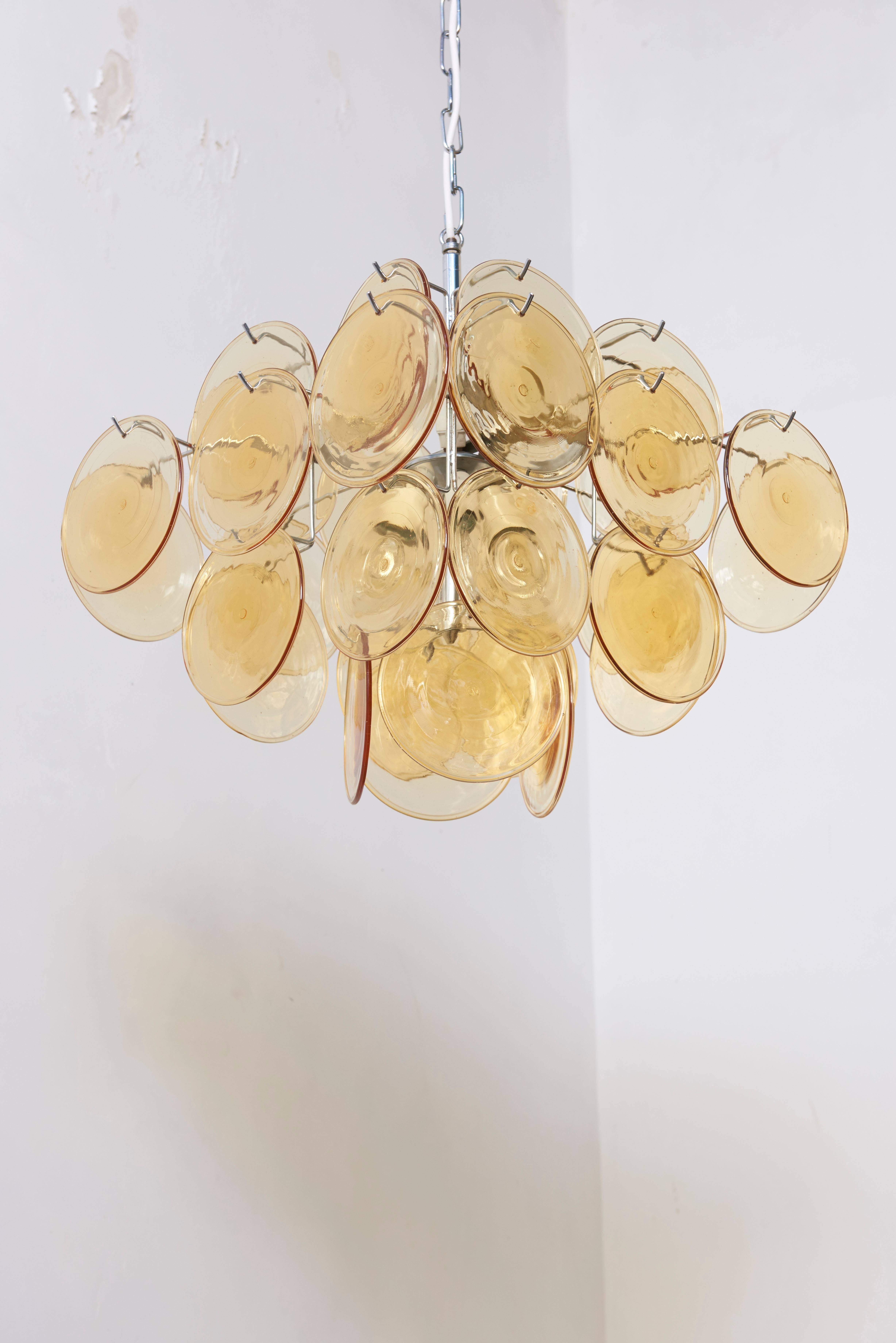 Hand-Crafted Amber Glass Disc Vistosi Chandelier