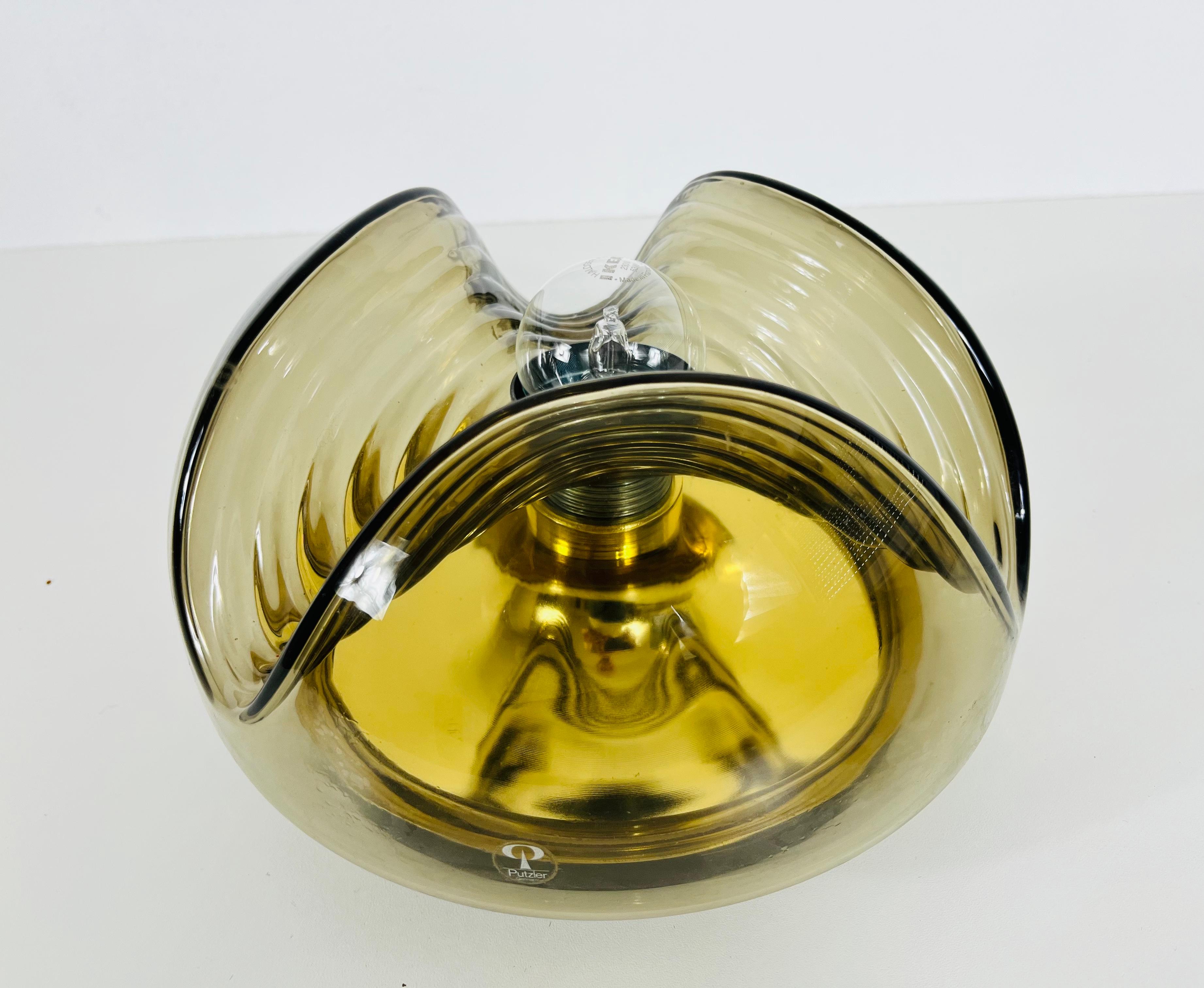 Mid-20th Century Amber Glass Flush Mount by Koch & Lowy for Peill and Putzler, 1960s For Sale