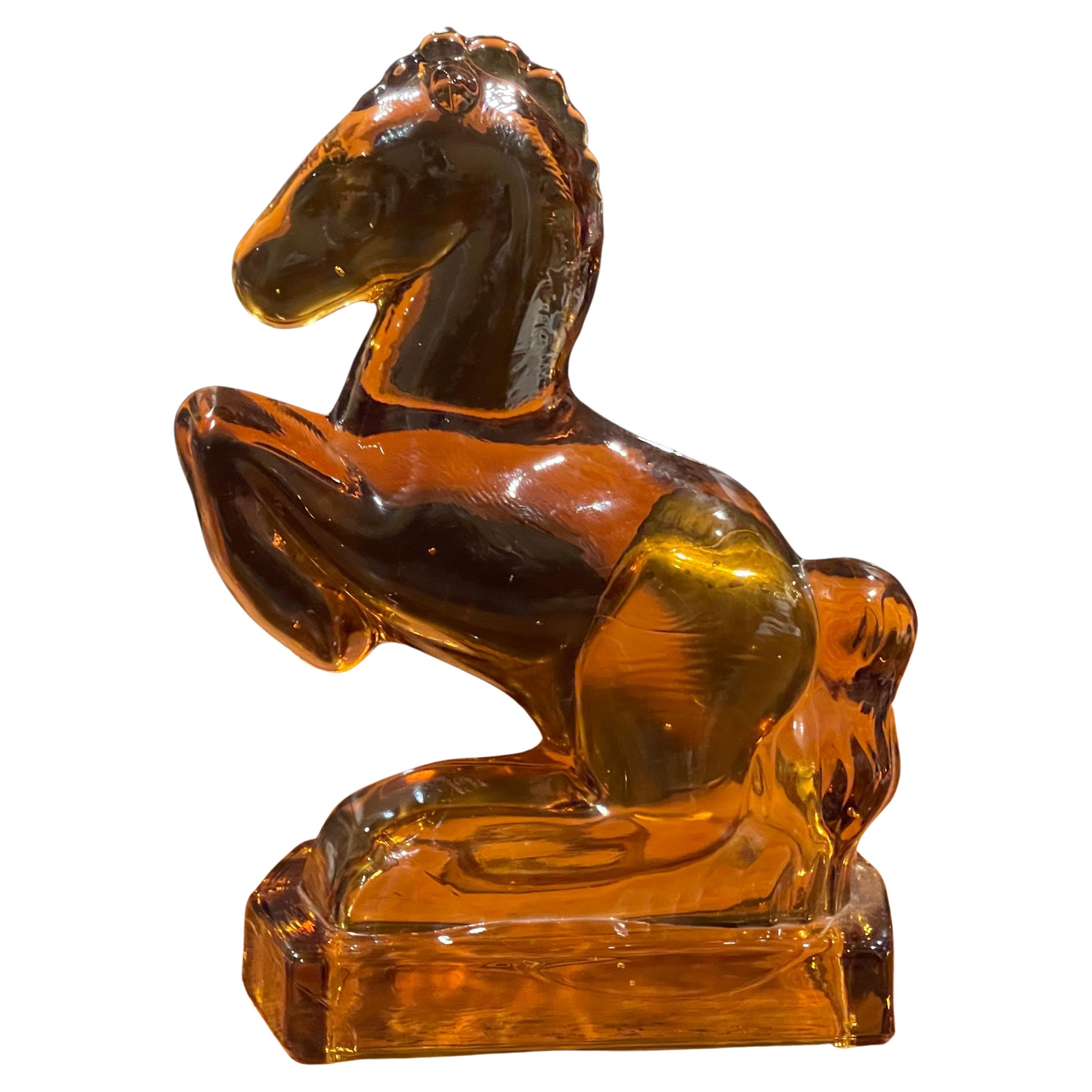 Amber Glass Galloping Horse Sculpture / Bookend by L.E. Smith Glass Company For Sale