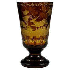 Amber glass goblet - Engraved hunting motif 20th century