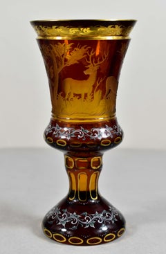 Amber Glass Goblet- Hunting motif - Bohemian Glass - 19-20 century