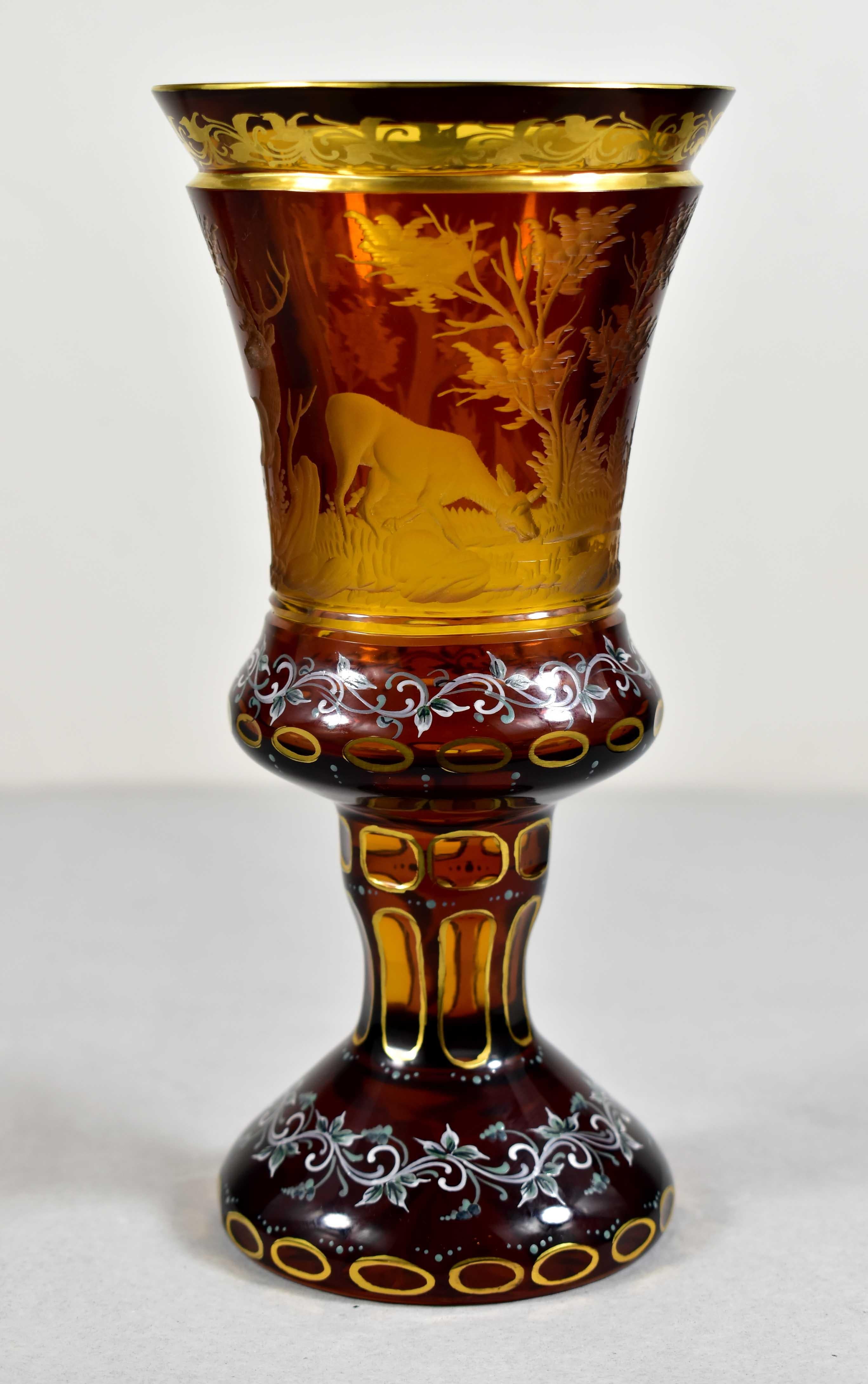 Hand-Crafted Amber Glass Goblet- Hunting motif - Bohemian Glass - 19-20 century