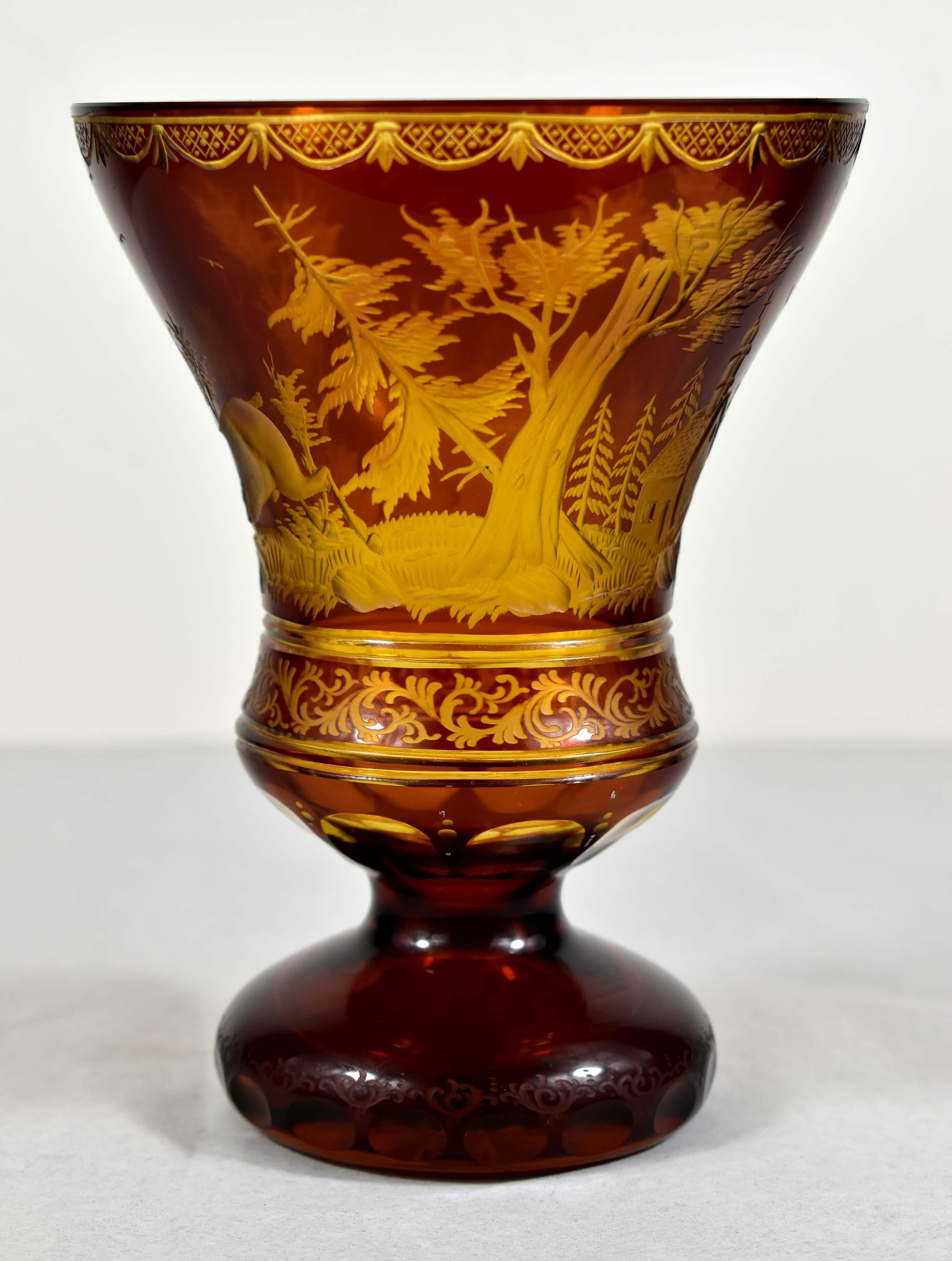 Hand-Crafted  Amber Glass Goblet- Hunting motif-Bohemian Glass-19-20 century