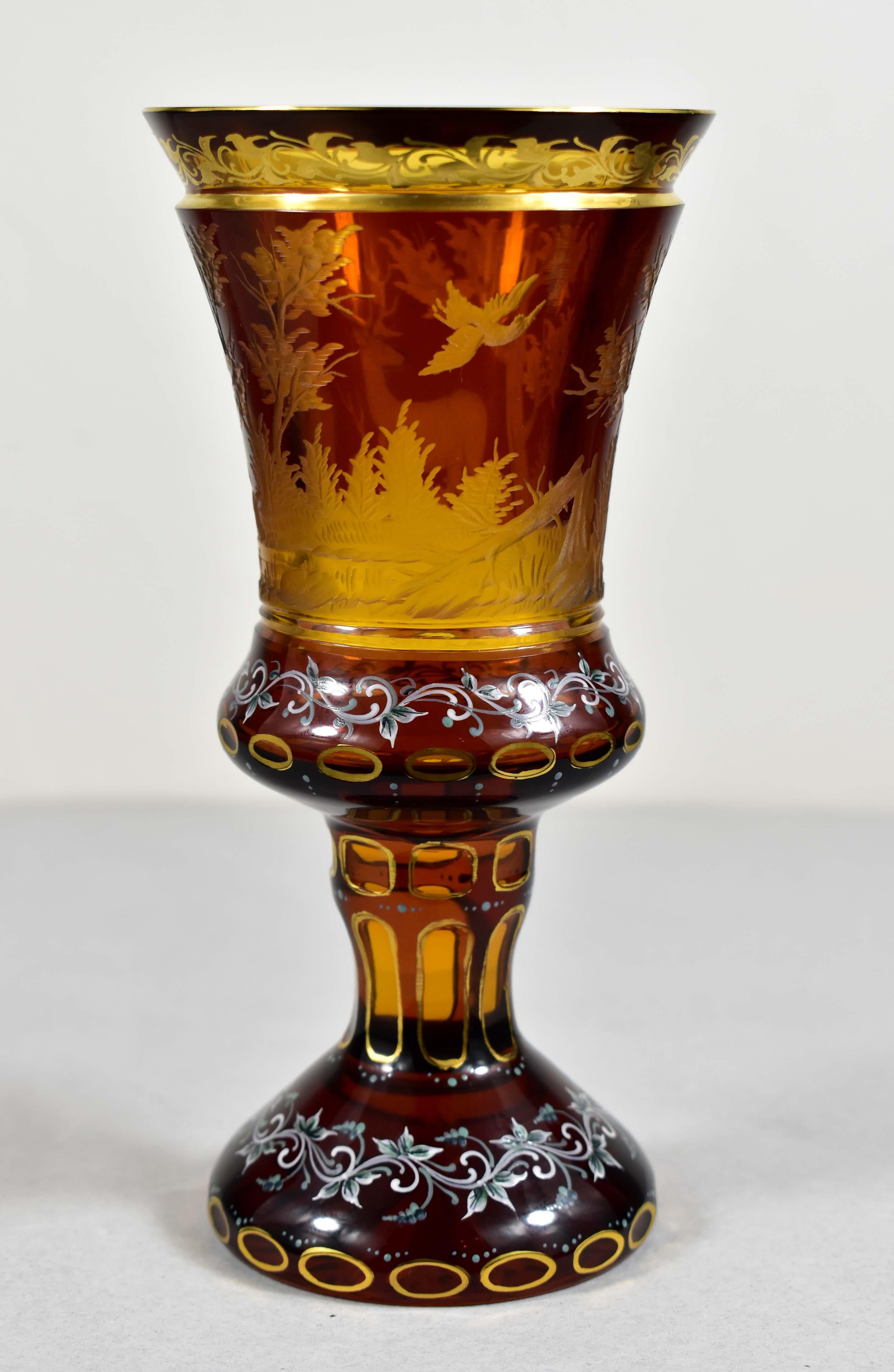 Amber Glass Goblet- Hunting motif - Bohemian Glass - 19-20 century In Good Condition In Nový Bor, CZ
