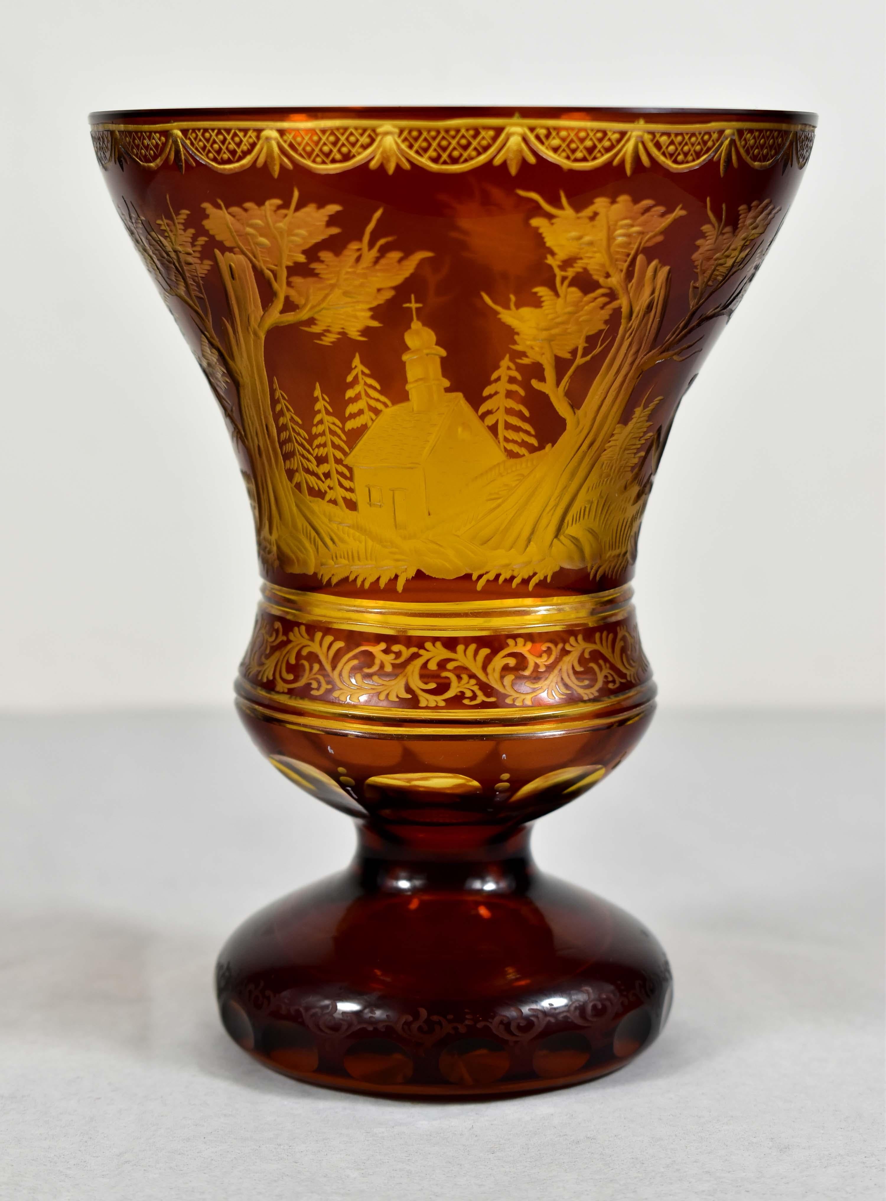  Amber Glass Goblet- Hunting motif-Bohemian Glass-19-20 century In Good Condition In Nový Bor, CZ